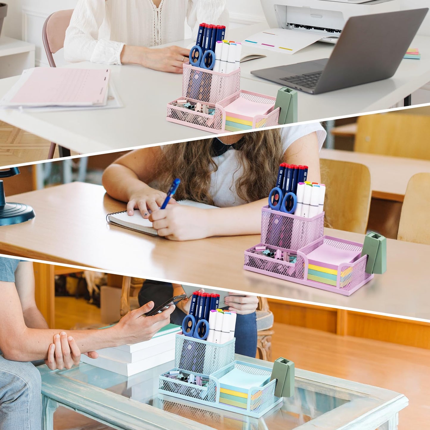 M&G Mesh Pen Holder Desk Organizers Pencil Holder for Desk Purple, 3 Compartments Metal Office Supply Organizer with Sticky Notes Holder for Home Office