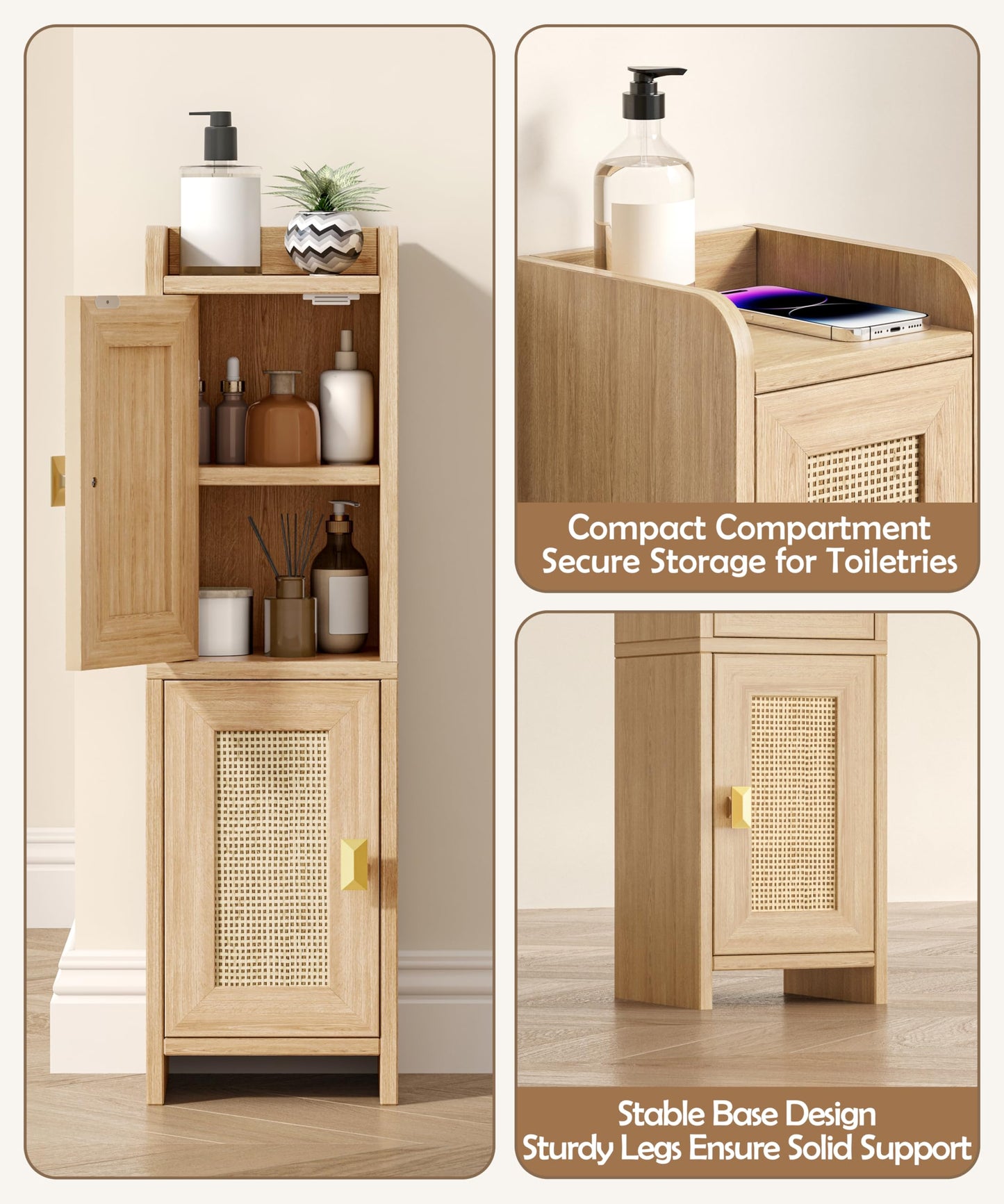 Akxomel Rattan Small Bathroom Cabinet with 2 Doors, 7.9''D x 7.9''W Narrow Toilet Paper Storage Cabinet, Bathroom Organizer for Small Spaces, Wooden Slim Corner Unit with Adjustable Shelf, Natural Oak