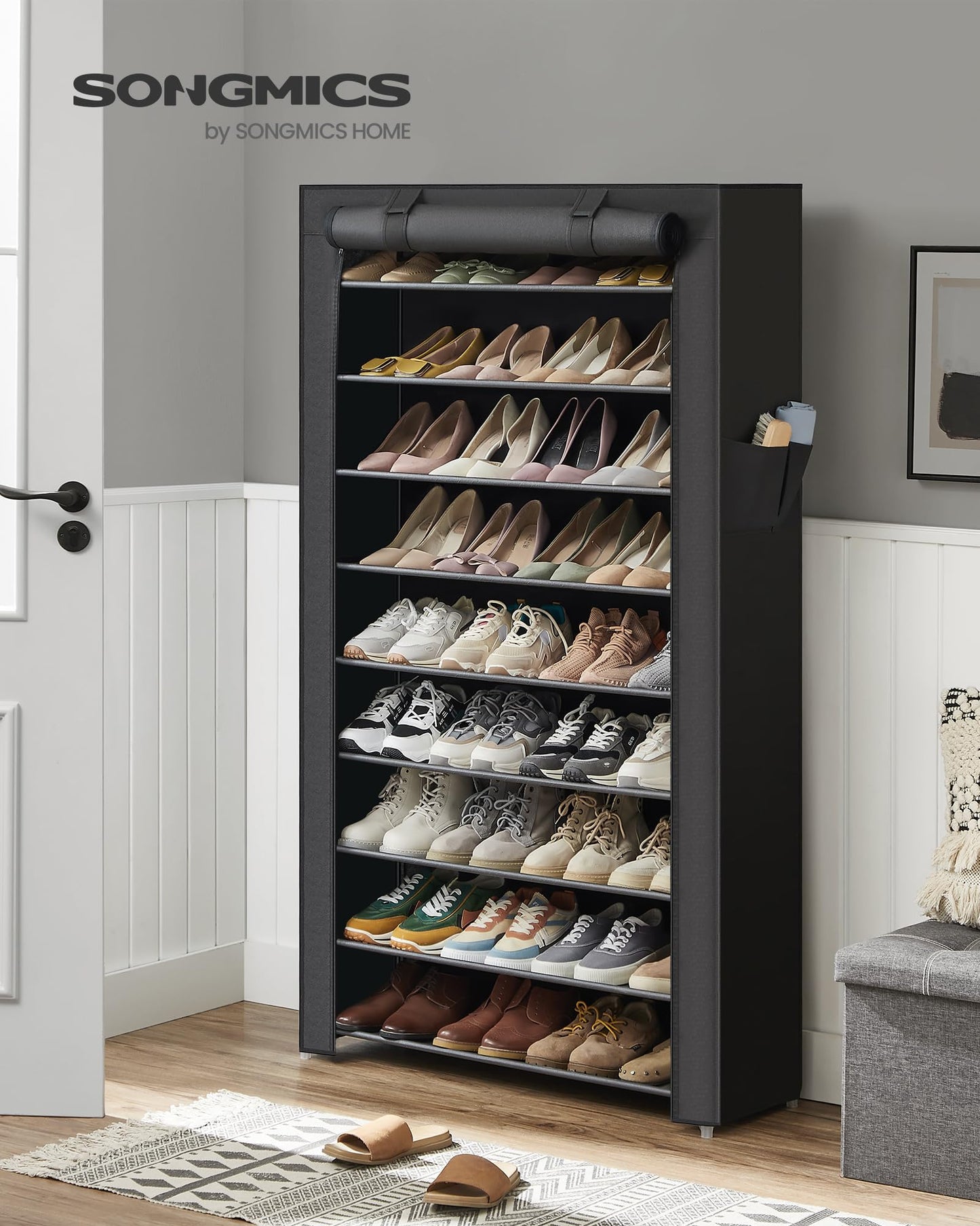 SONGMICS 10-Tier Shoe Rack, Shoe Storage Cabinet with Dustproof Cover, Free-Standing Shoe Storage Organizer for Closet, Entryway, Hold 40-50 Pairs of Shoes, for Sneakers, High Heels, Black URXJ36HV1