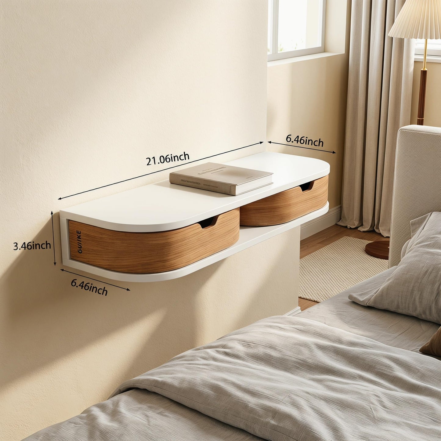 GUJIKE Floating Nightstand, 21 Inch Wall Mounted Bedside Shelf, Handmade Bedroom Furniture,Pine Wood Bedside Table, Nightstand with Drawer (White, Double Drawers)