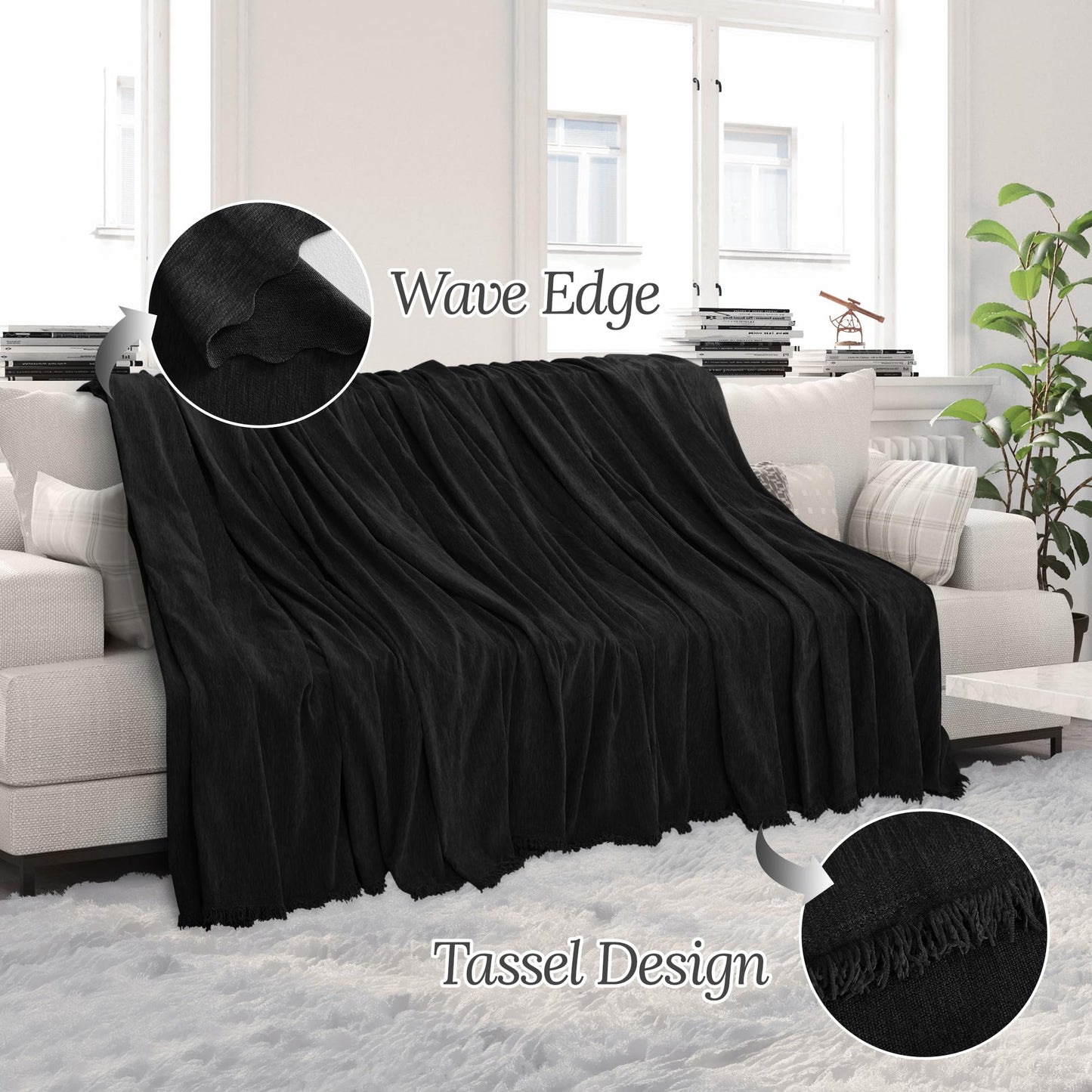 HDCAXKJ Corner Sectional Couch Covers for Dogs L Shape Sofa Cover with Tassel Chenille Super Soft Non Slip U Shaped Couch Cover Blanket Washable Sectional Slipcover Protector (Black, 71x212 inch)