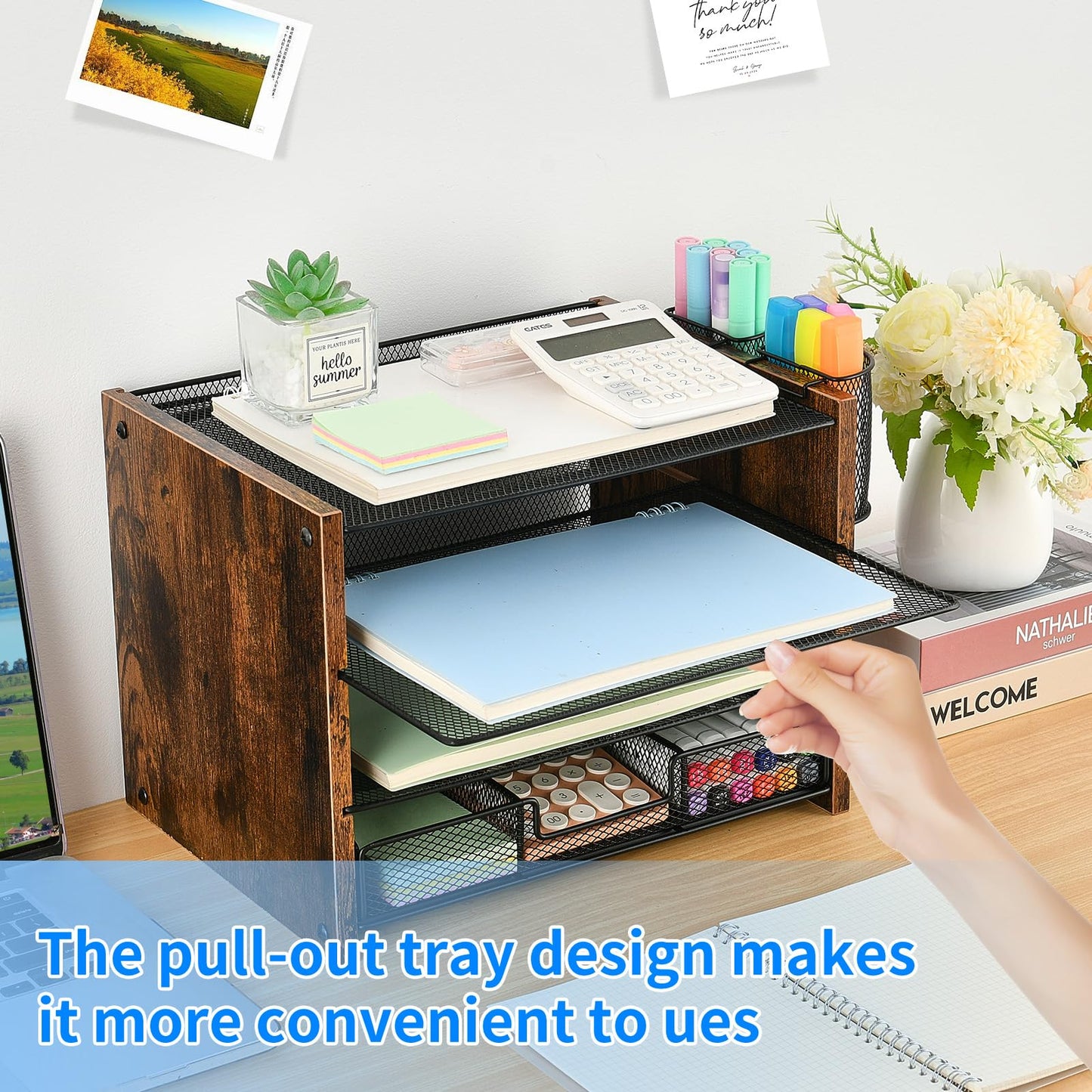 OPNCIE Desk Organizer and Accessories, 4-Tier Paper Letter Tray File Organizer with Drawer & 2 Pen Holder, Office Desk Accessories Workspace Desktop Organizer for Office Supplies(Brown)