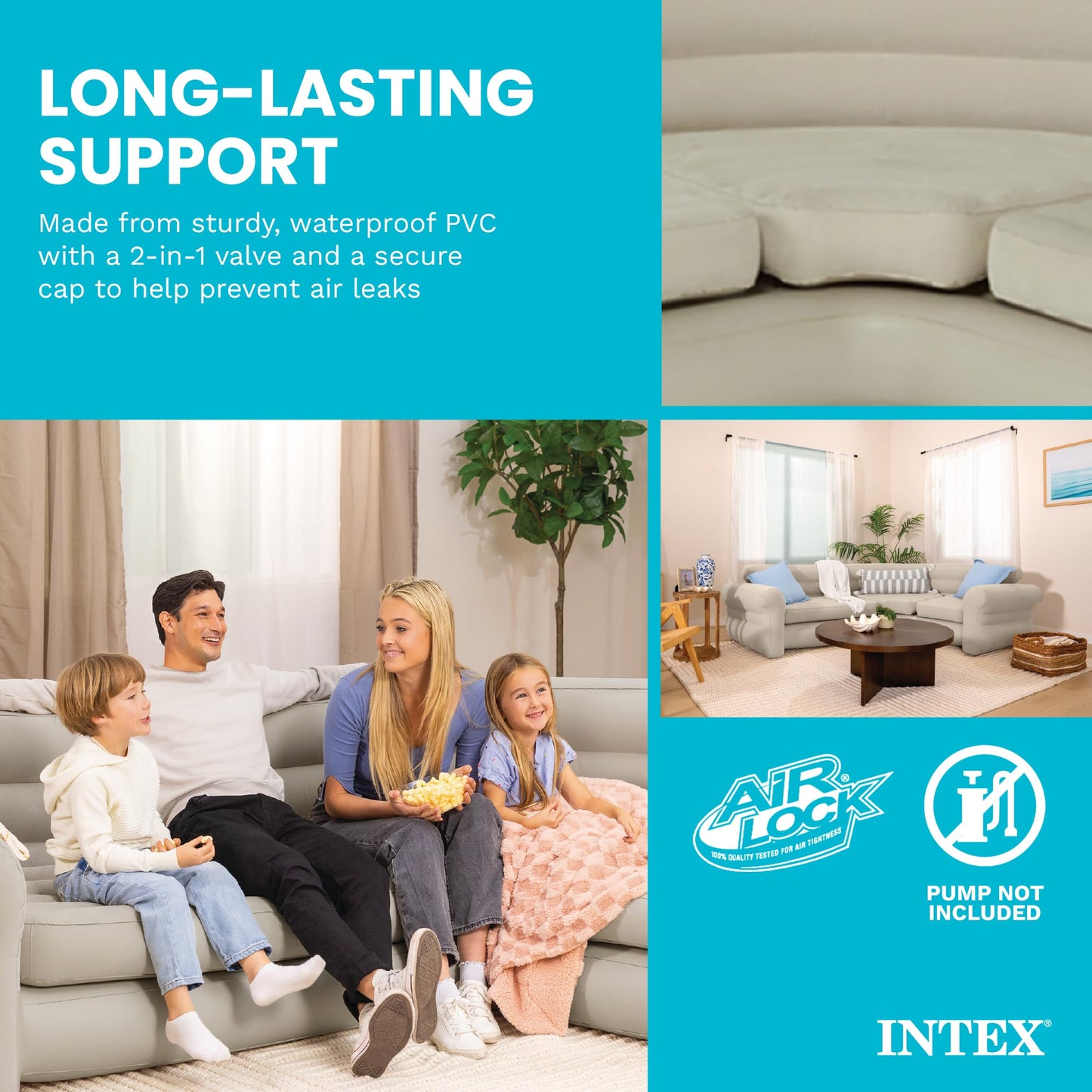 Intex Inflatable Corner Sofa, L-Shaped Couch with 880 lb. Weight Capacity, 2-in-1 Valve for Easy Indoor Setup, 101" x 80" x 30”