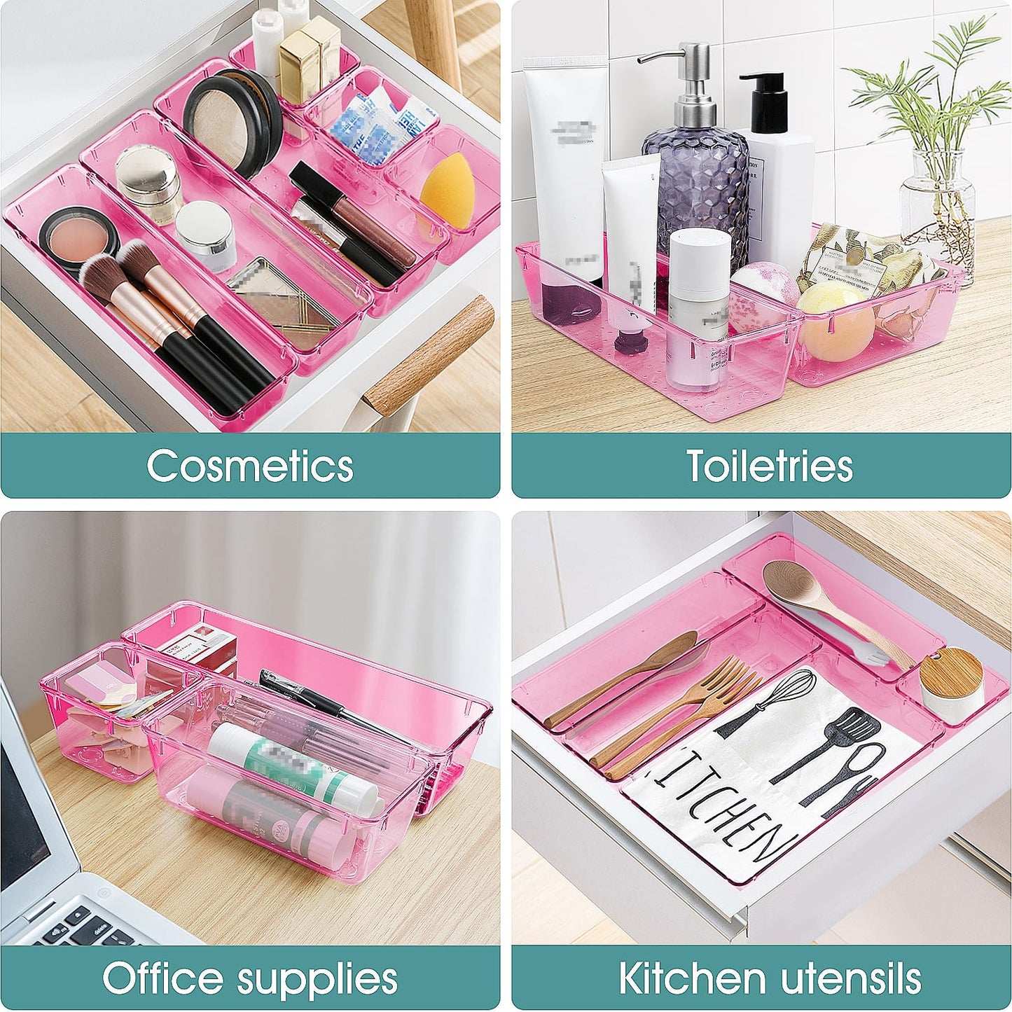 WOWBOX 25 PCS Plastic Drawer Organizer Set, 4 Sizes Desk Drawer Divider Organizers and Storage Bins for Makeup, Jewelry, Gadgets for Kitchen, Bedroom, Bathroom, Office, Clear Pink