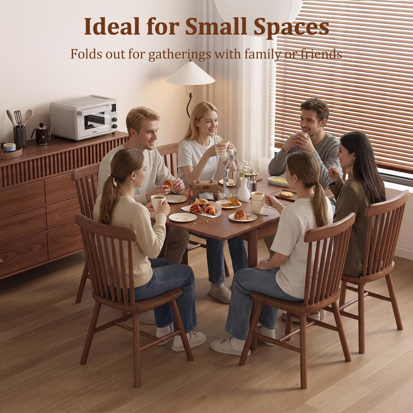 DONGMUWUJEE Solid Wood Small Dining Table for 2-6, 23.6"L-47.2"L Expandable Kitchen Table, Designed for Small Spaces, Easy Assembly, Suitable for Kitchen, Dining Room, Living Room, Apartment (Walnut)