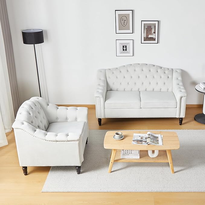 LEVNARY Chesterfield Loveseat Velvet, Upholstered Sofa