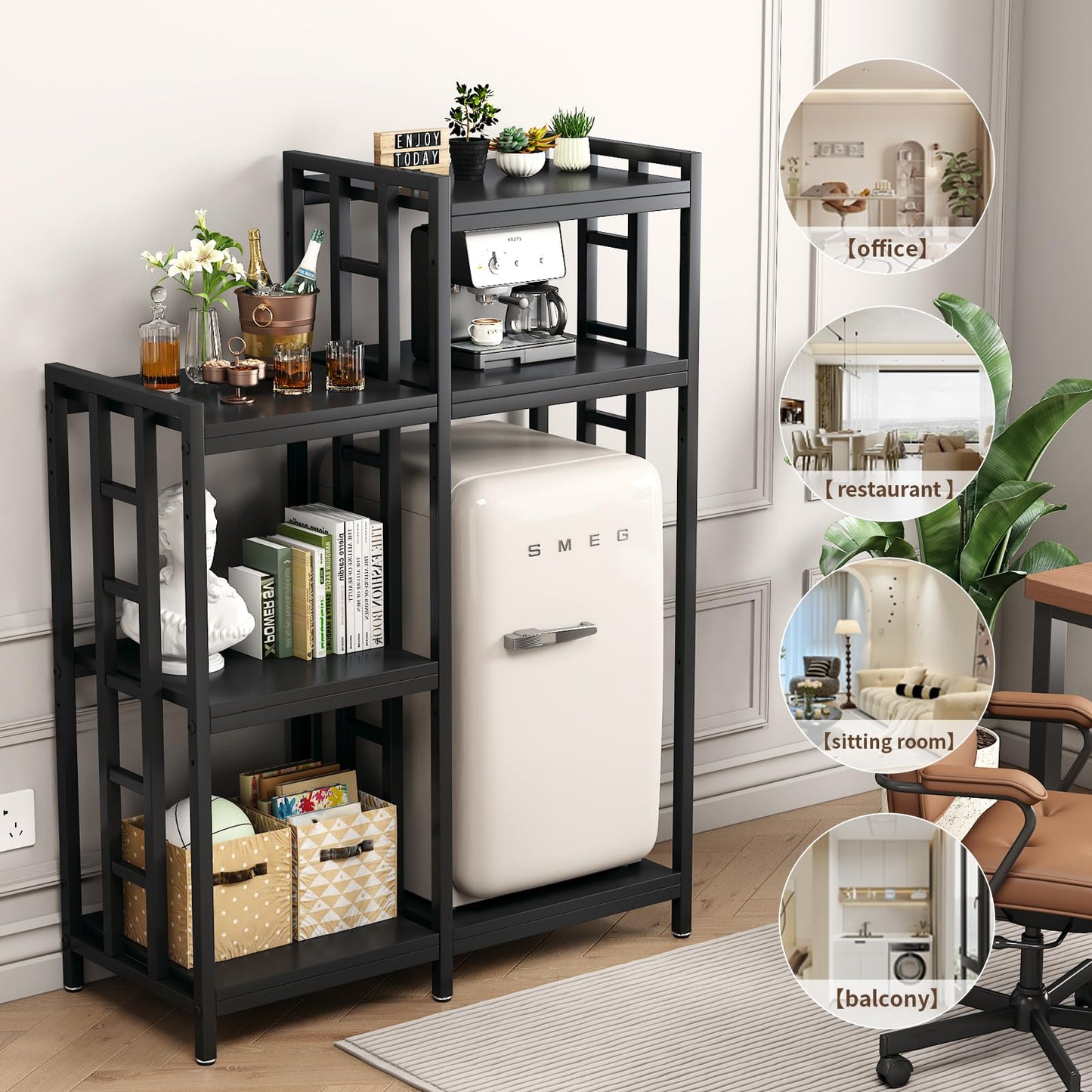 YCHF 6-Tier Kitchen Bakers Rack,Mini Fridge Shelf with Storage, Mini Fridge&Microwave Oven Stand Table,Coffee Bar,Adjustable Kitchen Shelves Freestadning for Home Office (Black Wood Grain)