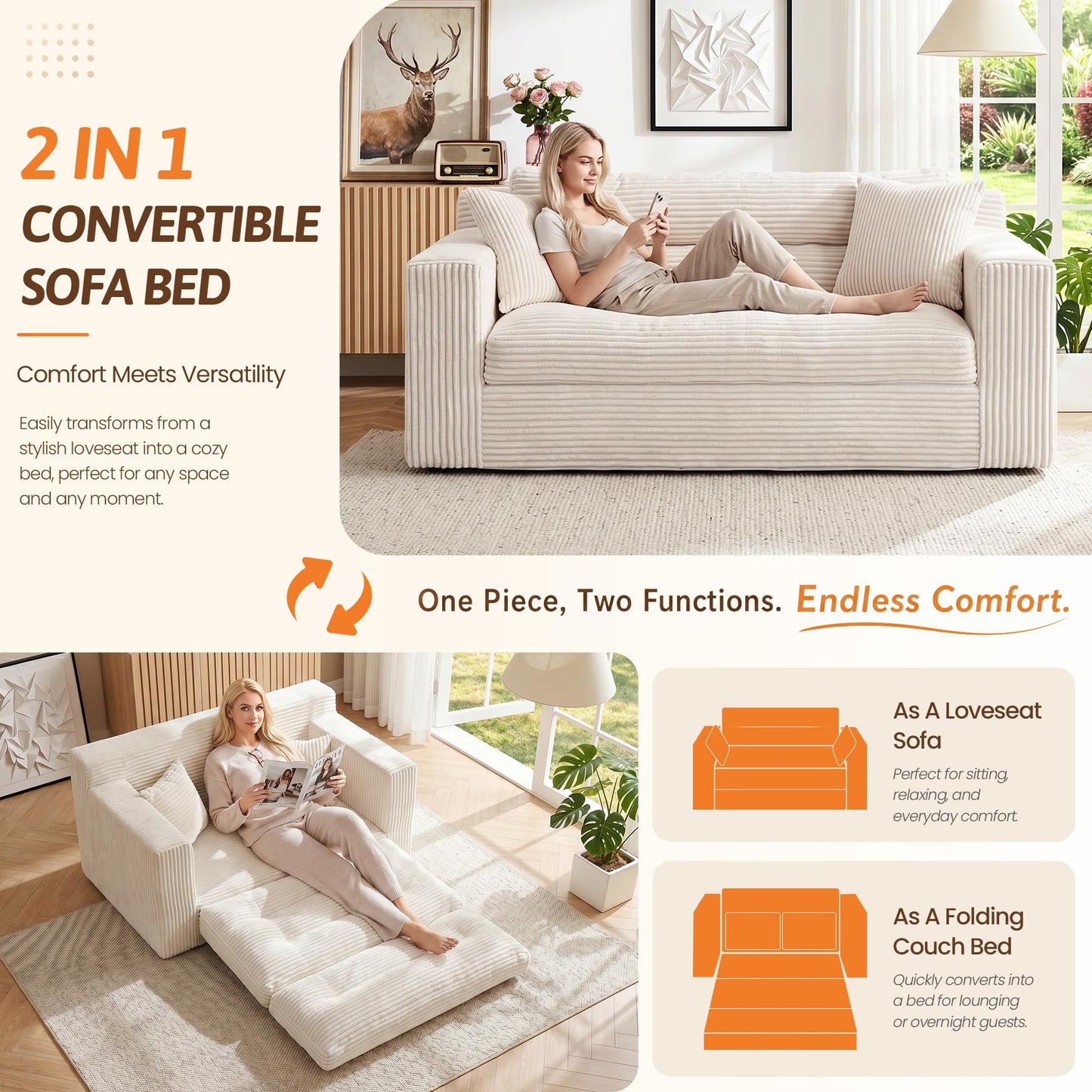 Erament Boneless Loveseat Sofa Couch, 2 in 1 Convertible Sofa Bed with Pillows, Fold Out Bean Bag Chair Boneless Floor Couch for Living Room Bedroom Office Lounge Apartment, No Assembly Needed, Beige