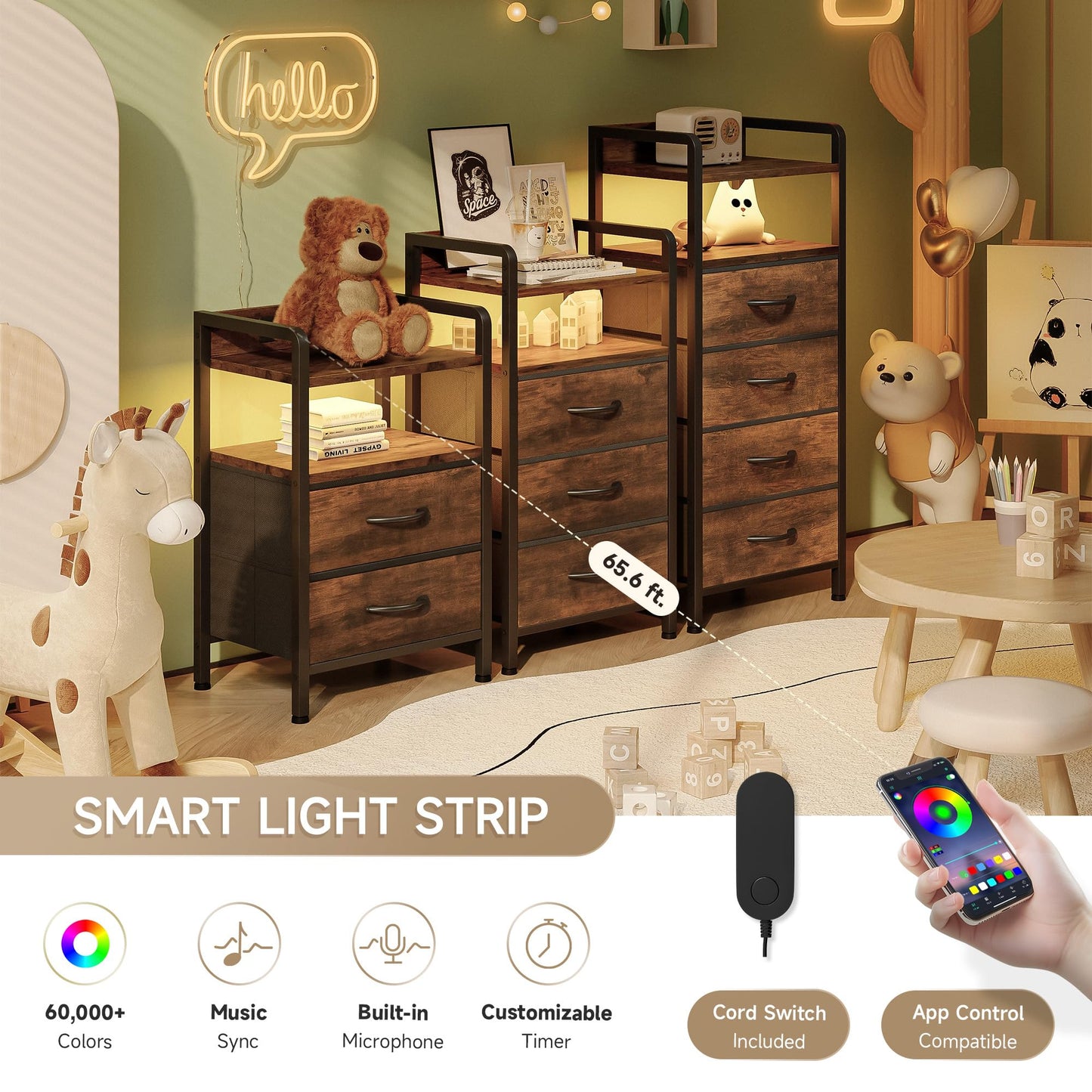Lazzanto Night Stand Bedside Table Bedroom - Nightstand with Charging Station & LED Light Strip, Bed Side End Table with Storage Shelf & 3 Fabric Drawers, U-S-B Ports & AC Outlets, Rustic Brown