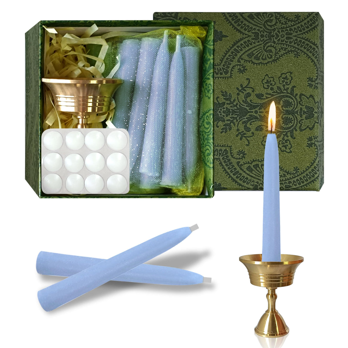 30 Minute Meditation Candle Seasalt Scented Mini Taper Candles with Brass Holder & Candle Sticky Dots, Blue Meditation Candles for Ritual Prayer Yoga Relaxation, 30PCS
