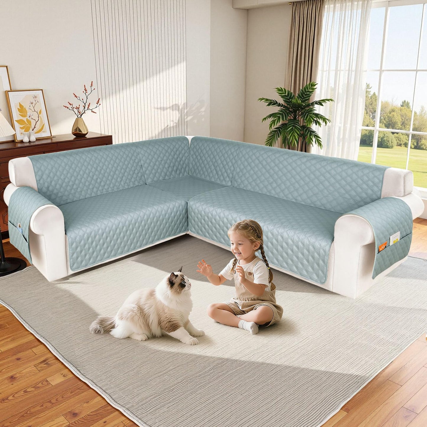HDCAXKJ Waterproof Sectional Couch Cover L Shaped Sofa Covers Washable Corner Sectional Slipcovers Dog Pet Proof U Shape Furniture Protector with Upgraded Anti Slip Strips (X-Large, Light Blue)