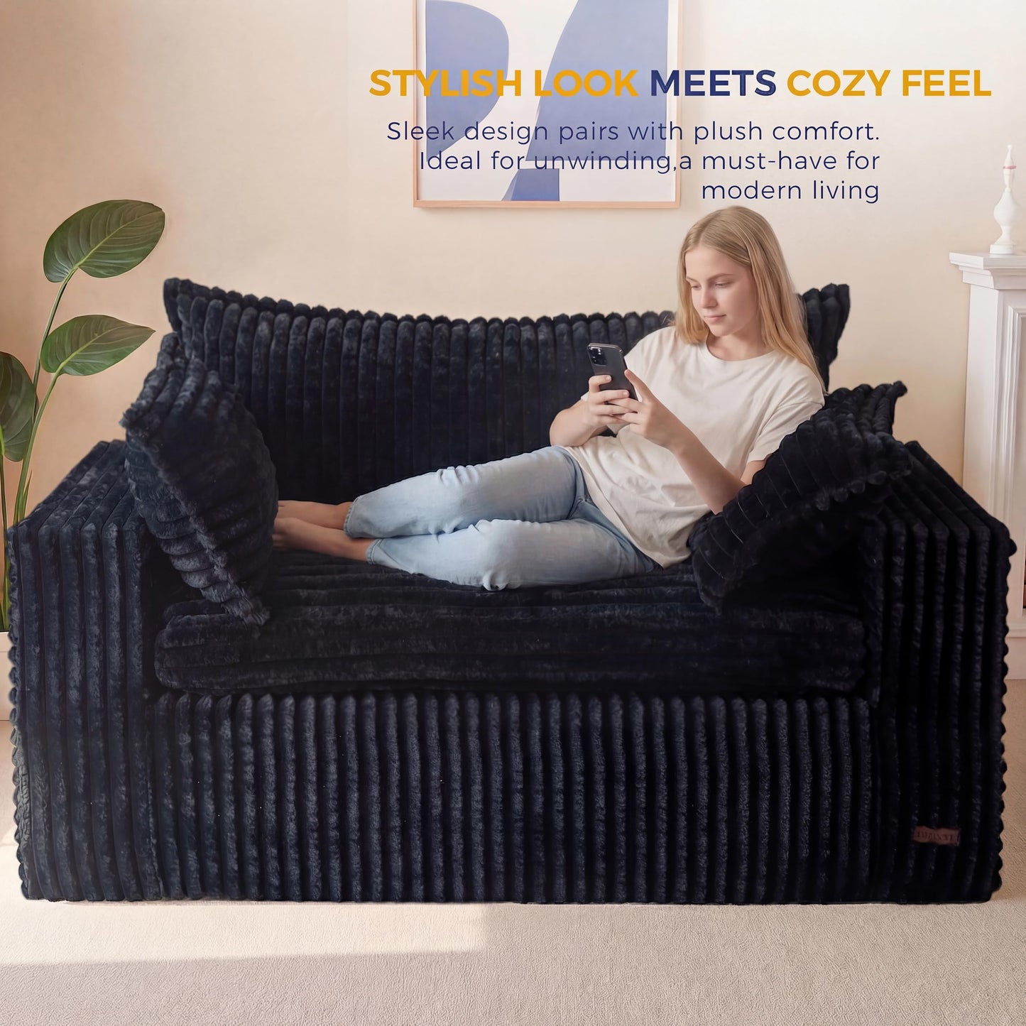 MAXYOYO 59" Bean Bag Sofa Couch, Loveseat Boneless Couch in a Box, Upholstered Small Mini Sofa with Deep Seating for Living Room Bedroom Office Apartment, No Assembly, Black