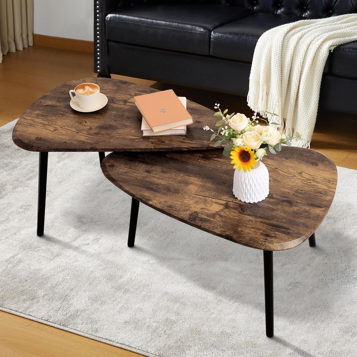 WDSHIYI Nesting Coffee Tables, Nested Table with Wooden Legs Set of 2 - Triangle Side Table for Living Room, Bedroom, Minimalist Bamboo, Apartment & Small Spaces, Tiger
