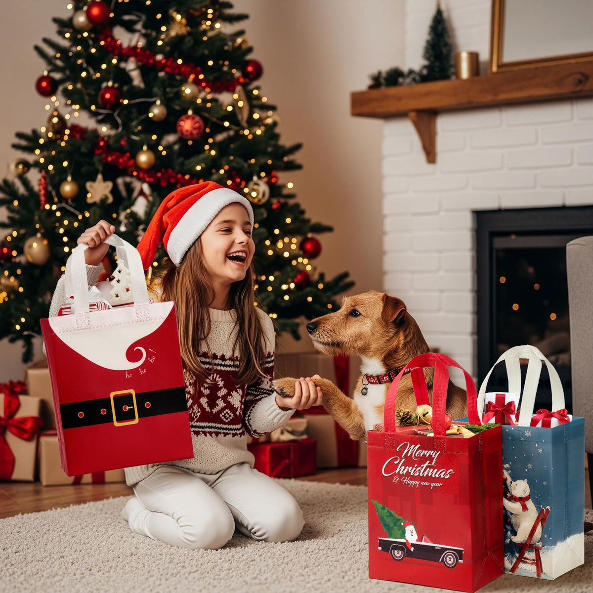 STYPOP 24 Pack 10" Christmas Gift Bags Medium Size with Tissue Paper, Reusable Non-Woven Christmas Tote Bags with Handles, Perfect for Xmas Gift Wrap/Party Favor Supplies, 10" × 8" × 4"