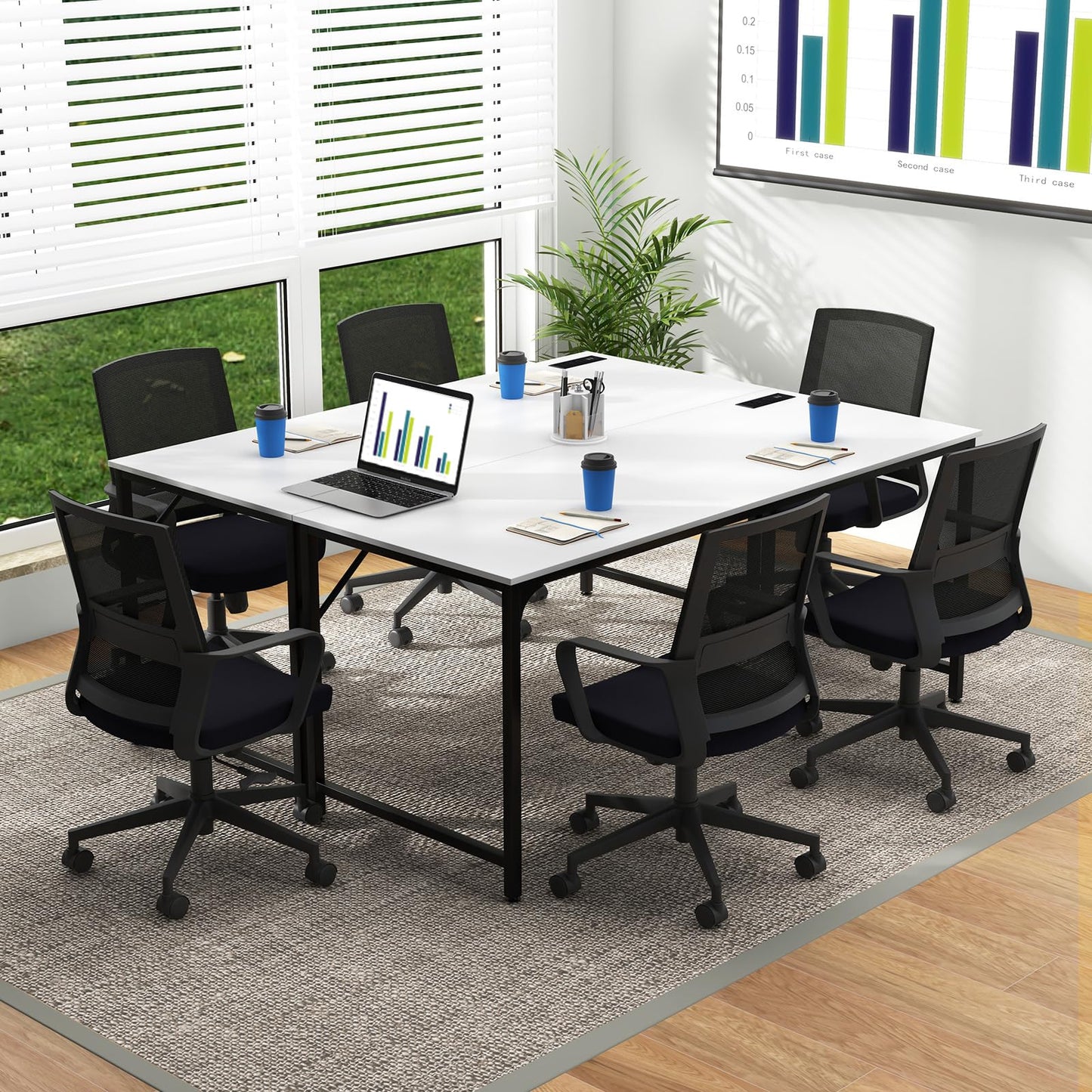 Tangkula 60" Conference Desk Set of 6, Modern Boardroom Desk with Storage Bag, Headphone Hook, Sturdy Metal Frame, Rectangular Seminar Table with Charging Station