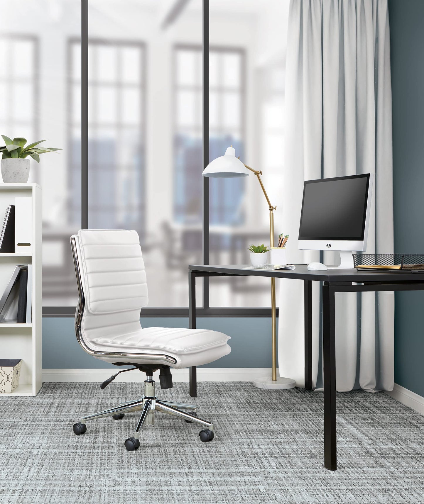 Office Star SPX Professional Ergonomic Ribbed Faux Leather Office Chair with Chrome Base, Mid Back Manager's Chair Without Arms, White