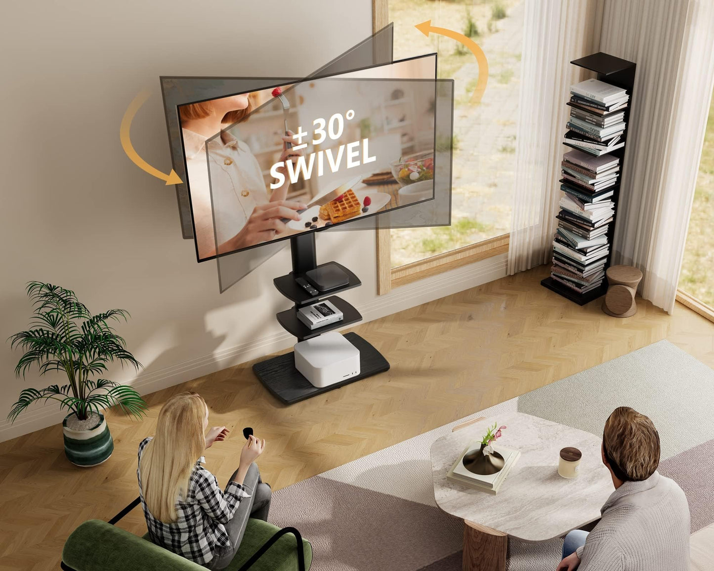 FITUEYES TV Floor Stand for Living Room Bedroom, Tall TV Stands with Sturdy Wood Base for 32 39 40 43 49 50 55 60 65 75 Inch TVs, Corner Stand with Height Adjustable Shelves, Swivel Black