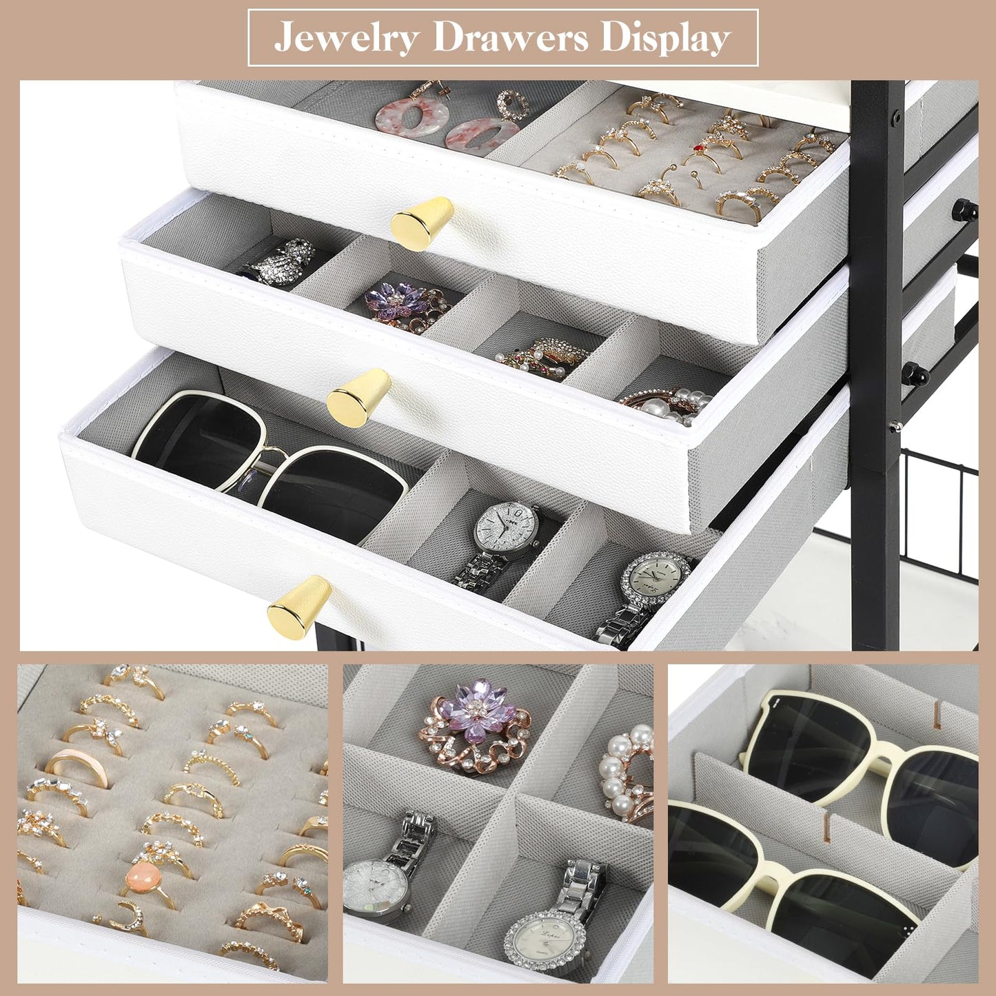 Keebofly Large Jewelry Organizer Stand with 3 Drawers, Floor Display Holder with Necklace, Earring, Bracelet, Ring Storage — Rolling Armoire Tower for Bedroom or Closet (Black)