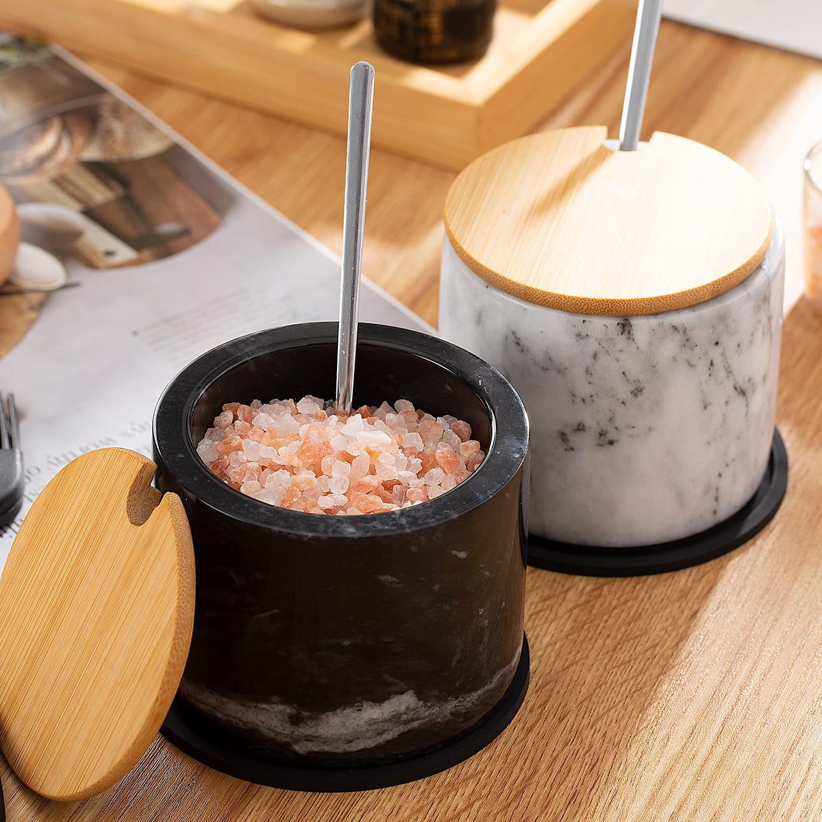 NHKRTE Marble Sugar Bowl with Lid & Spoon, Black & White Grey, 11oz