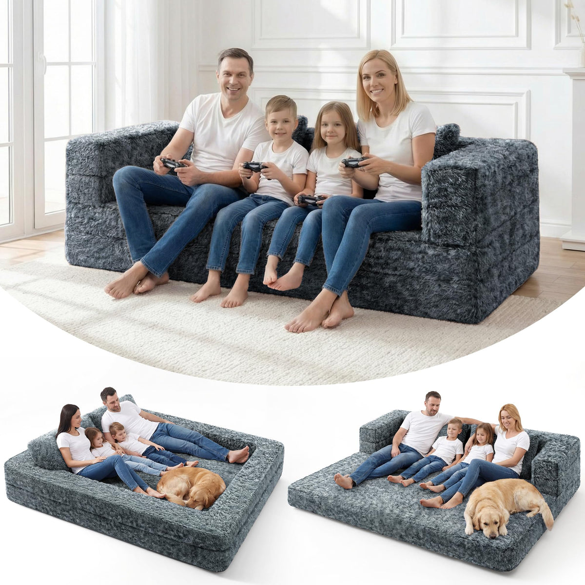 HABUTWAY Convertible Sofa Bed, 3-in-1 Futon Sofa Bed with Pillow, Foldable Pull Out Floor Sofa Bed with Removable Cover, Plush Boneless Couch for Living Room/Bedroom/Dorm