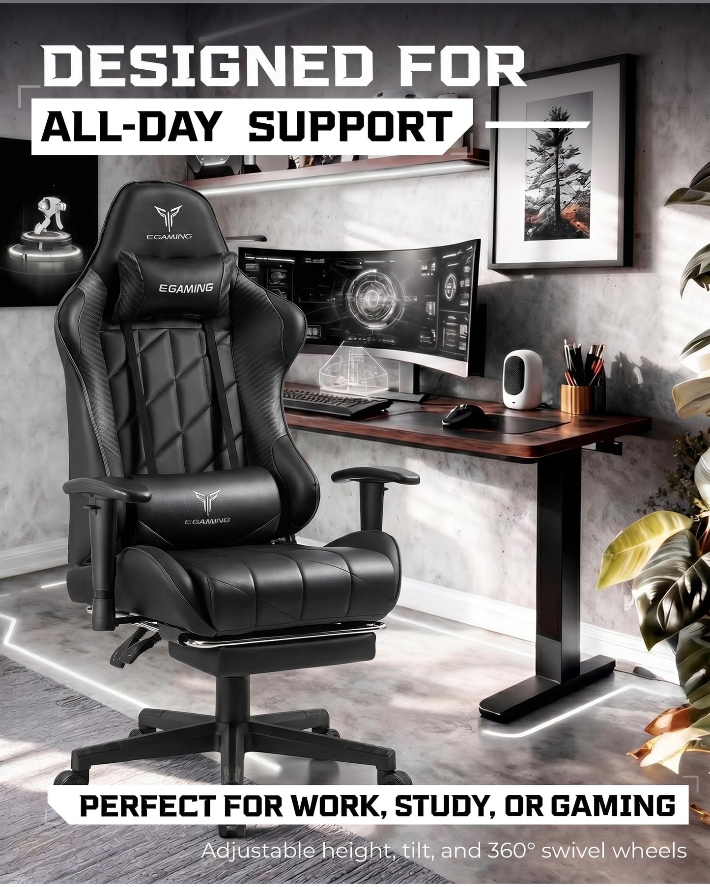 GTPLAYER Gaming Chair, Big and Tall Video Game Chair with High Back PU Leather, Home Office Ergonomic Computer Chair with Footrest, Adjustable Height, 360° Swivel Wheels for Adults and Teens