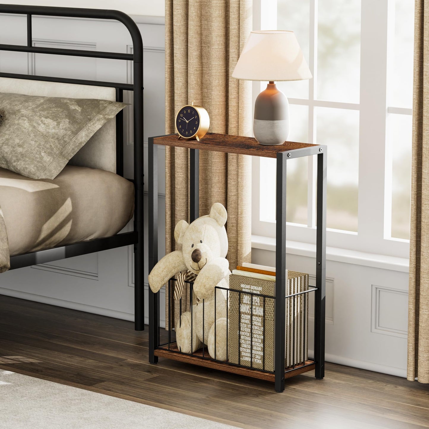 Homleke Narrow Side Table with Magazine Holder, Skinny End Table Perfect for Small Spaces, Space-Saving Design for Living Room, Bedroom, or Office, 7.1" D x 16.9" W x 23.6" H, Rustic Brown