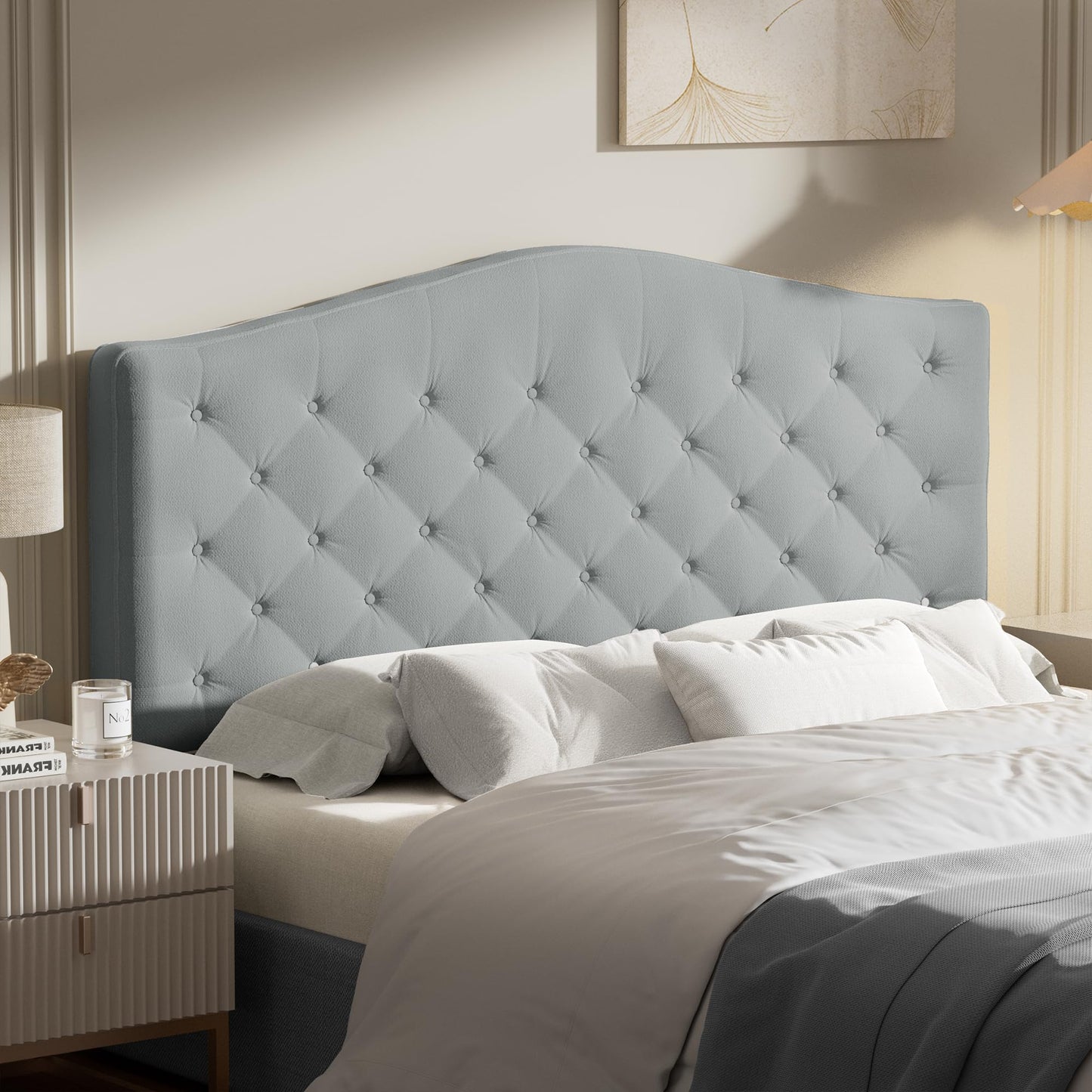 HOMRELEXA Upholstered Headboard Queen Size with 4" Thickened High-Density Sponge, Modern Button-Tufted Queen Headboard Only, Luxury Chenille Fabric, Easy Assembly, Grey