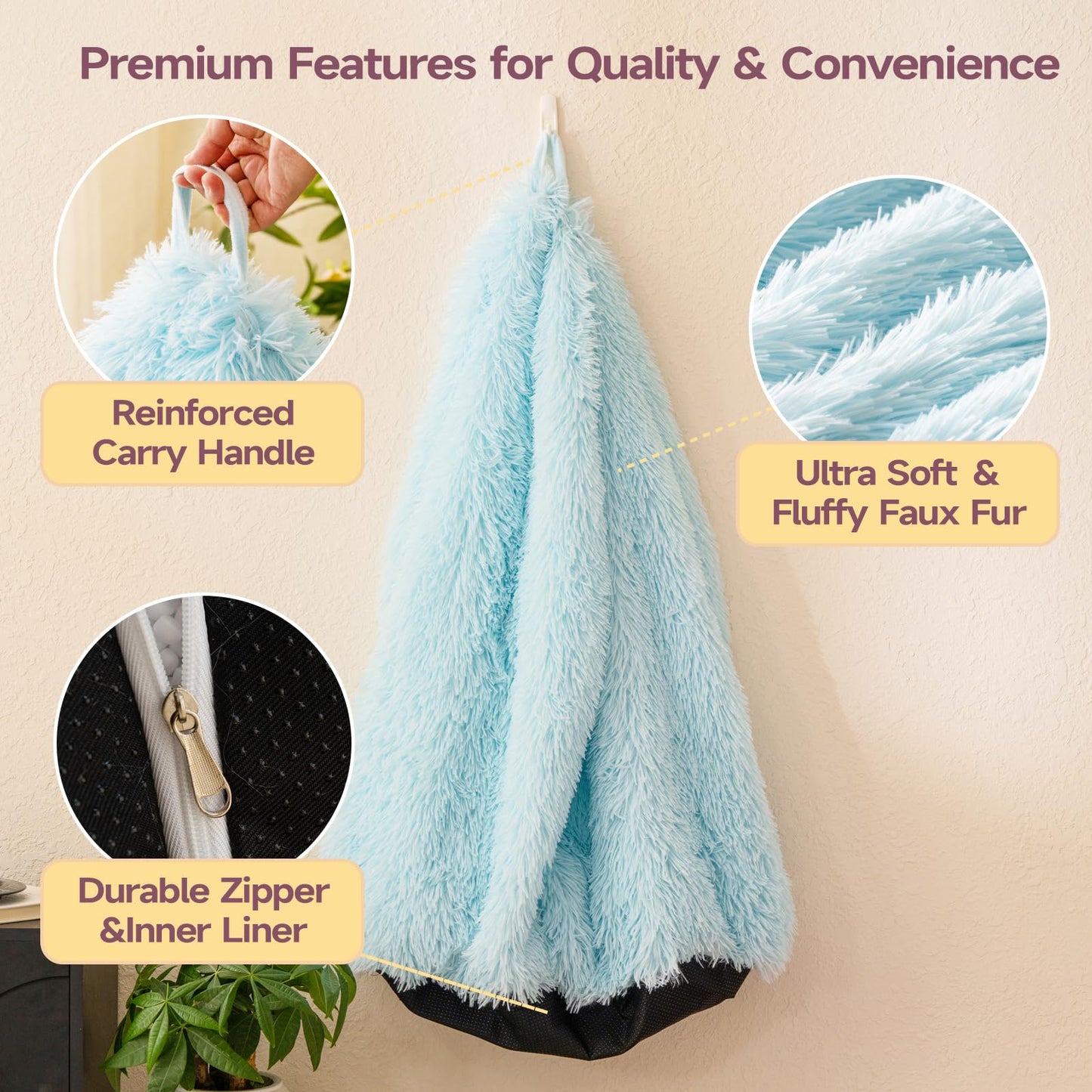Blue plush bean bag chair covers (No Filler), comfy Furry Blue bean bag chair Cover for bedroom, stuffed animal Storage, kids adults teens girls bean bag chairs, Anti-Slip