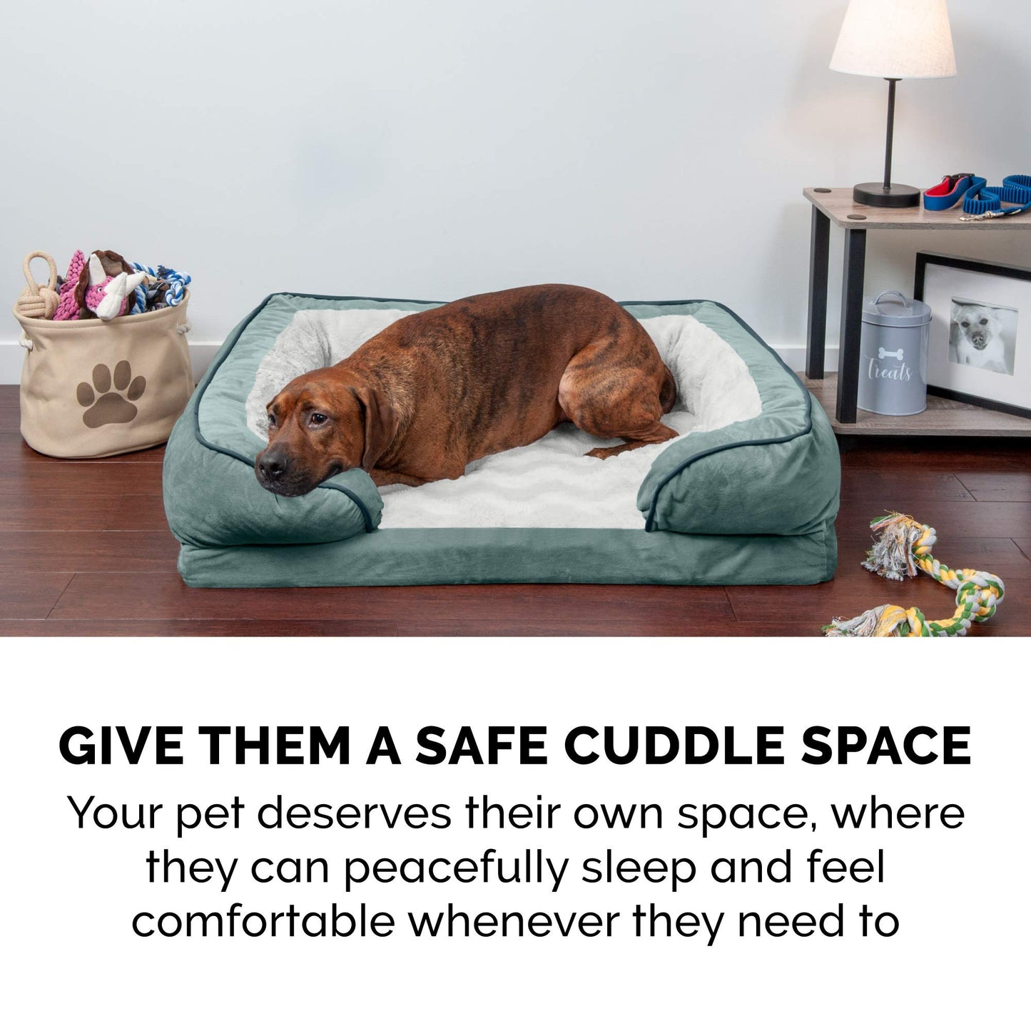 Furhaven Cooling Gel Dog Bed for Large/Medium Dogs w/ Removable Bolsters & Washable Cover, For Dogs Up to 55 lbs - Plush & Velvet Waves Perfect Comfort Sofa - Celadon Green, Large