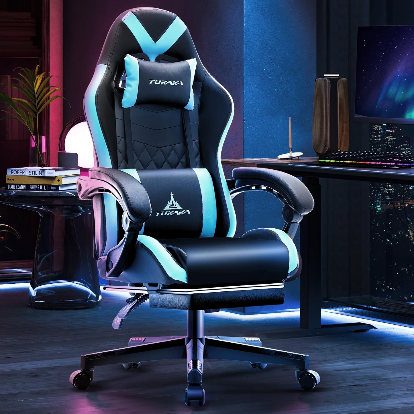 TUKAKA Gaming Chair,Ergonomic Massage Computer Office Desk Chair with Footrest,Pocket Spring Cushion,Reclining Leather Adjustable Gamer Chair with Headrest and Lumbar Support,Blue