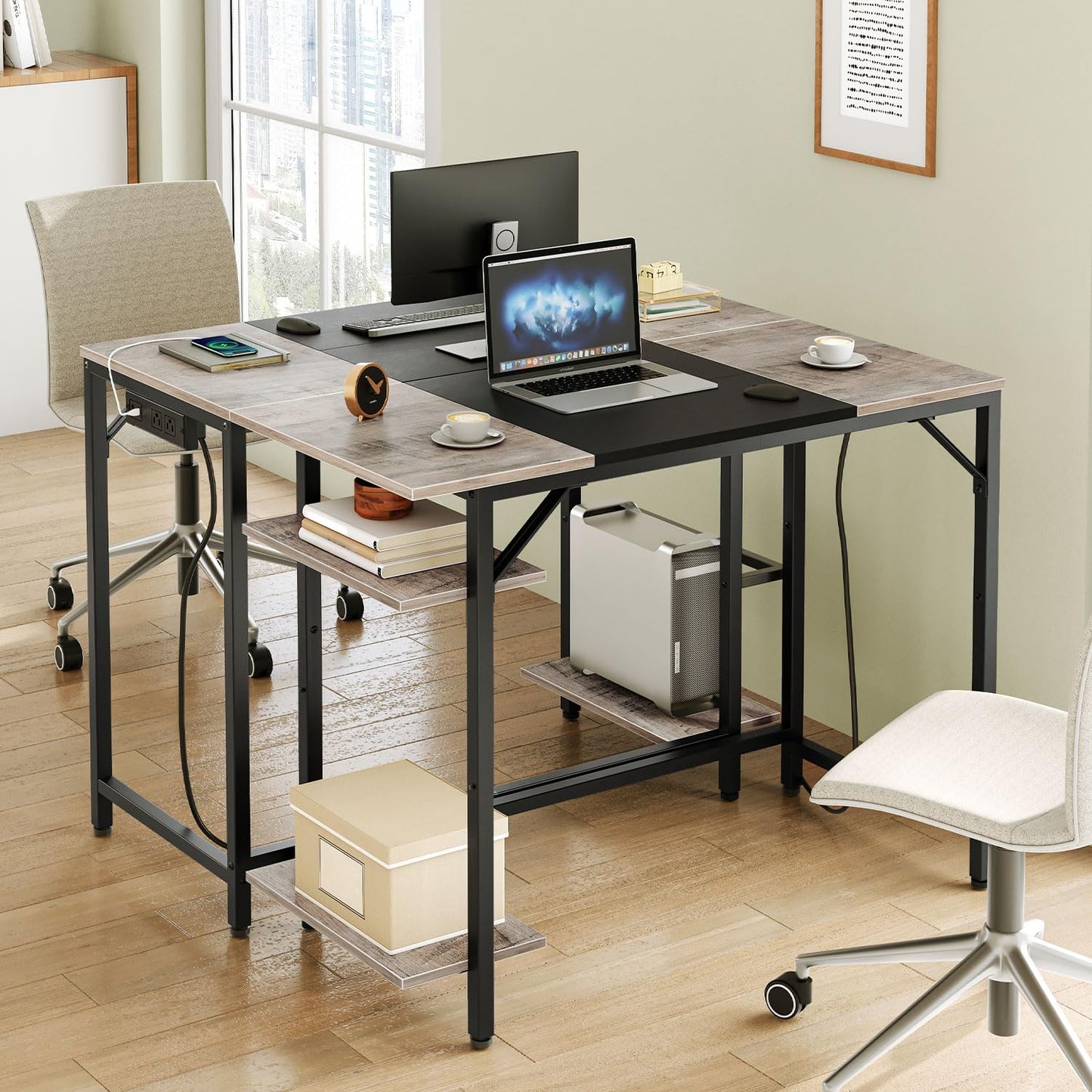 HOOBRO Small Computer Desk, Home Office Desk with Power Outlet, Writing Desk with 2 Shelves, Modern Small Desk for Home Office, Study, Easy to Assemble, Charcoal Gray and Black BG43UDN01