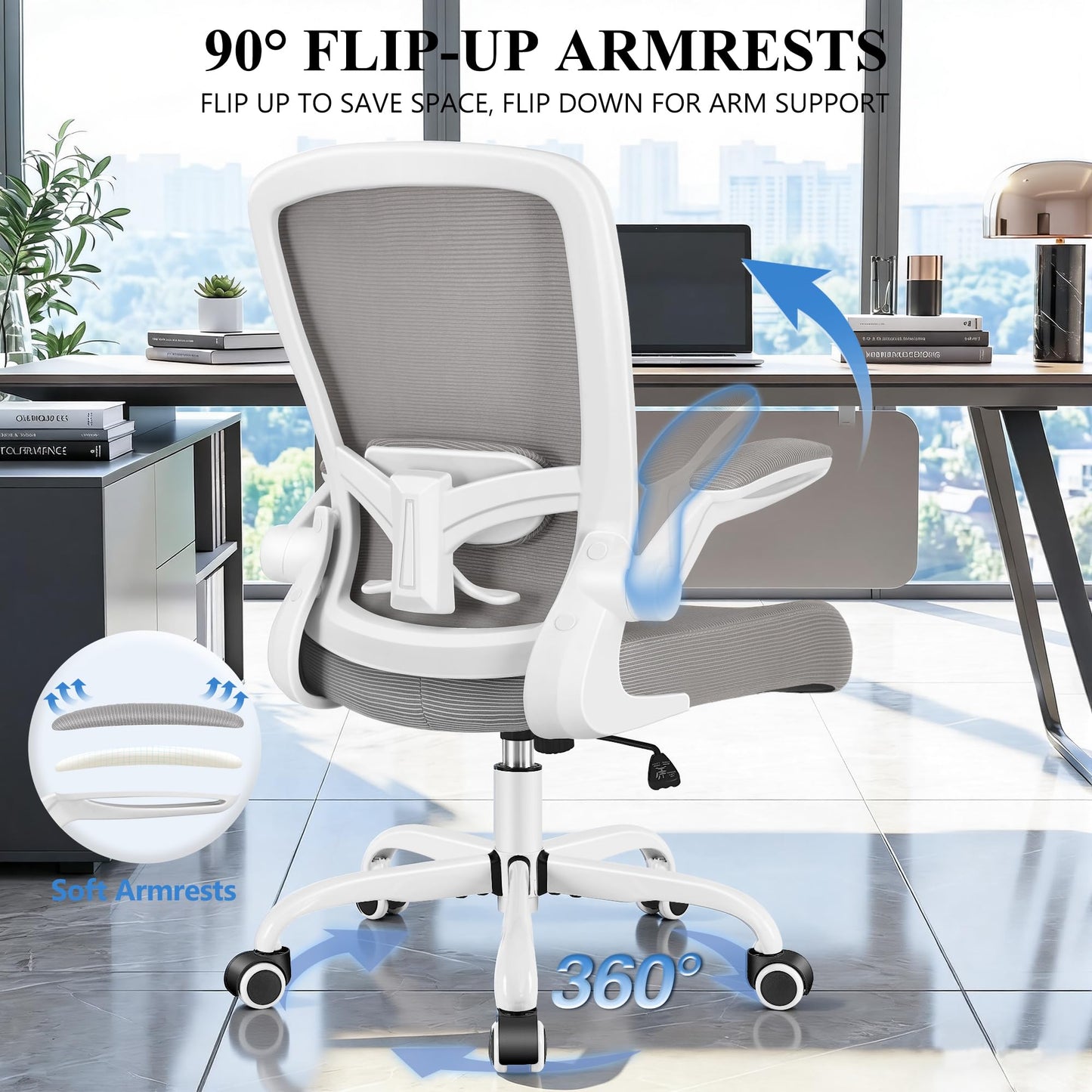 FelixKing Office Chair, Ergonomic Desk Chair Breathable Mesh Chairs Adjustable High Back Lumbar Support Flip-up Armrests, Executive Rolling Swivel Comfy Computer Chairs Home Office Gray