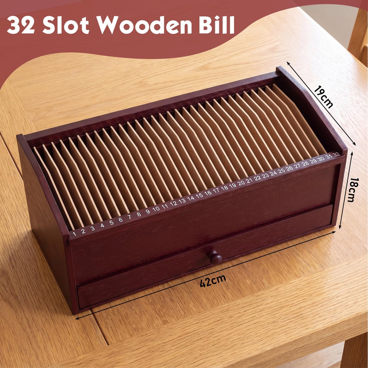Teecyhooo Wood Desktop Organizer with Drawer, 17 Inch 32 Section Bill & Mail & File Organizer Storage for Office Desk, Desktop Mail Holder and Office Supplies Storage, Letter and Paper Sorter(Brown)