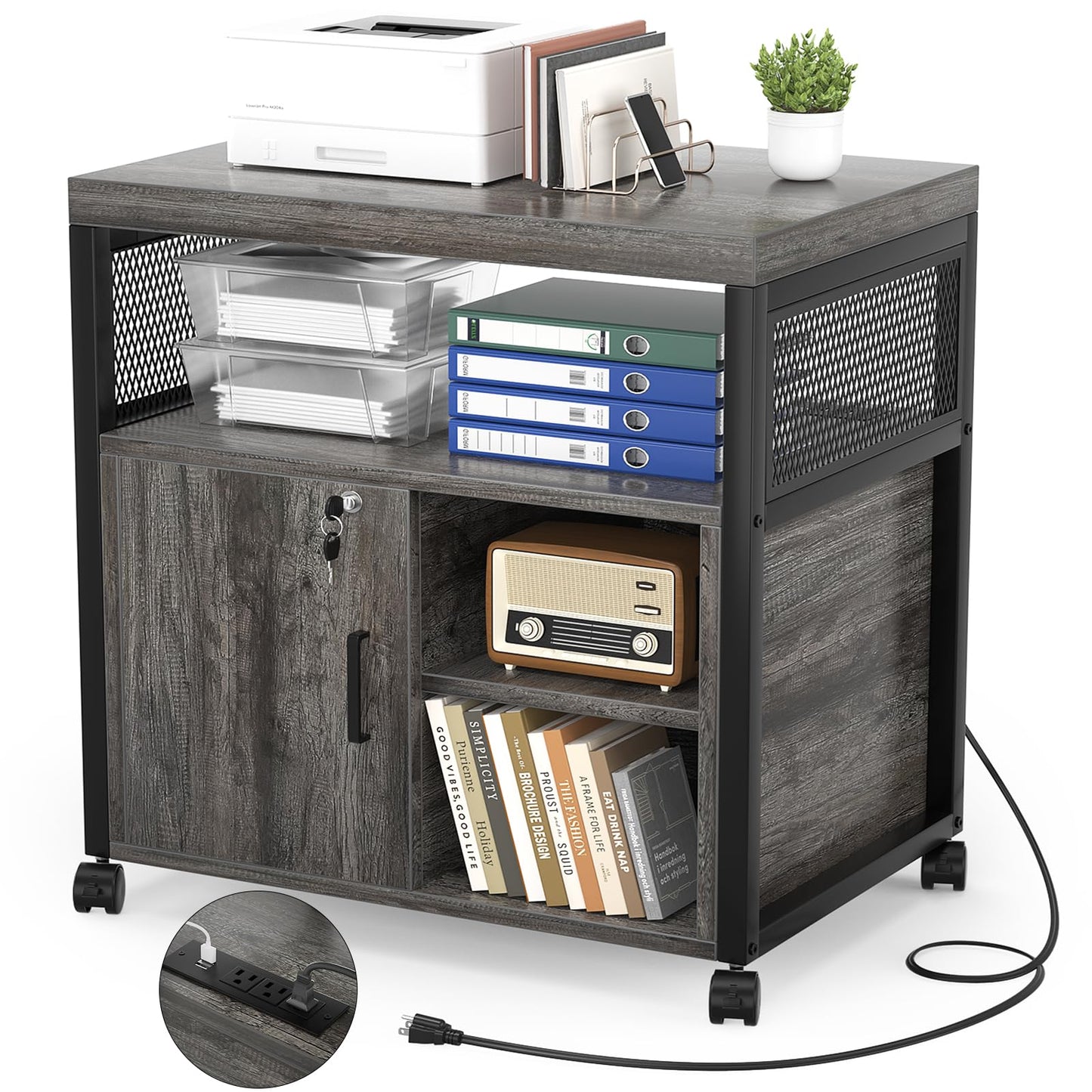 Unikito Rolling File Cabinet Lateral Office Filing Cabinets with Socket and USB Charging Port, Modern Printer Stand on Wheels Printer Cabinet with Door and Open Storage, Lockable, Black Oak