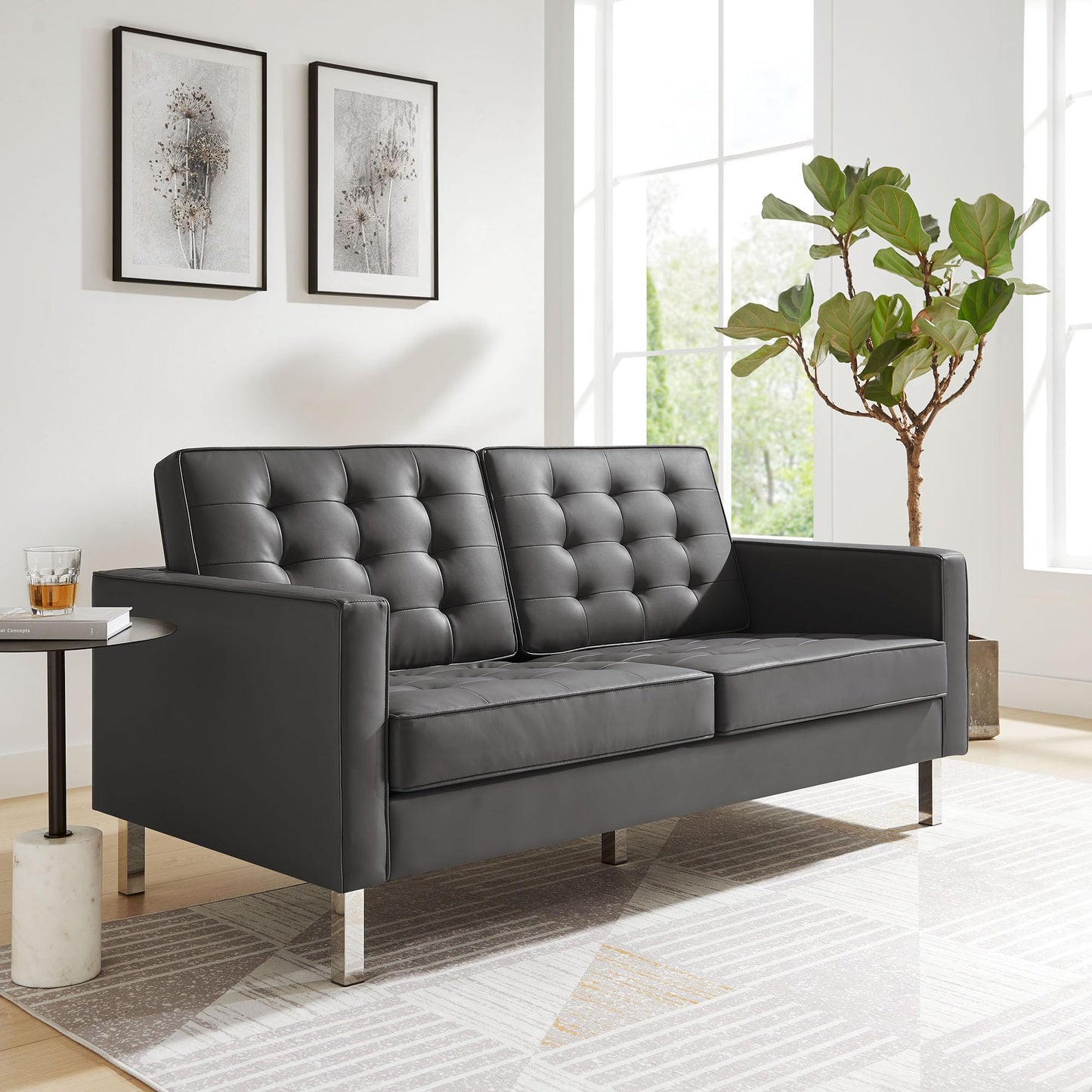 Modway Loft Tufted Button Faux Leather Upholstered Loveseat in Silver Gray