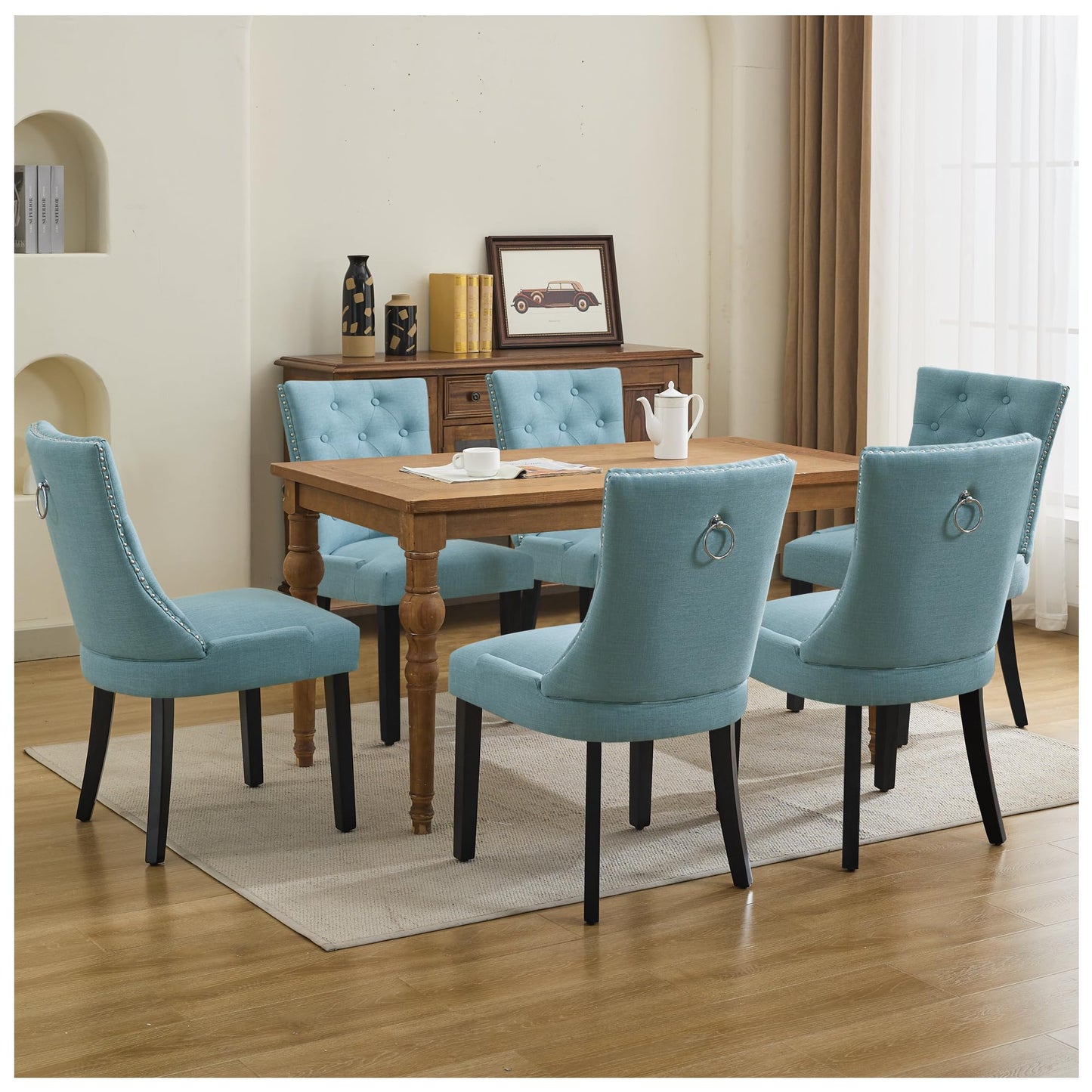 UDAX Upholstered Tufted Dining Chairs Set of 4, Fabric Side Dining Room Chairs with Nailhead Back Ring Pull Trim Solid Wood Legs, Blue