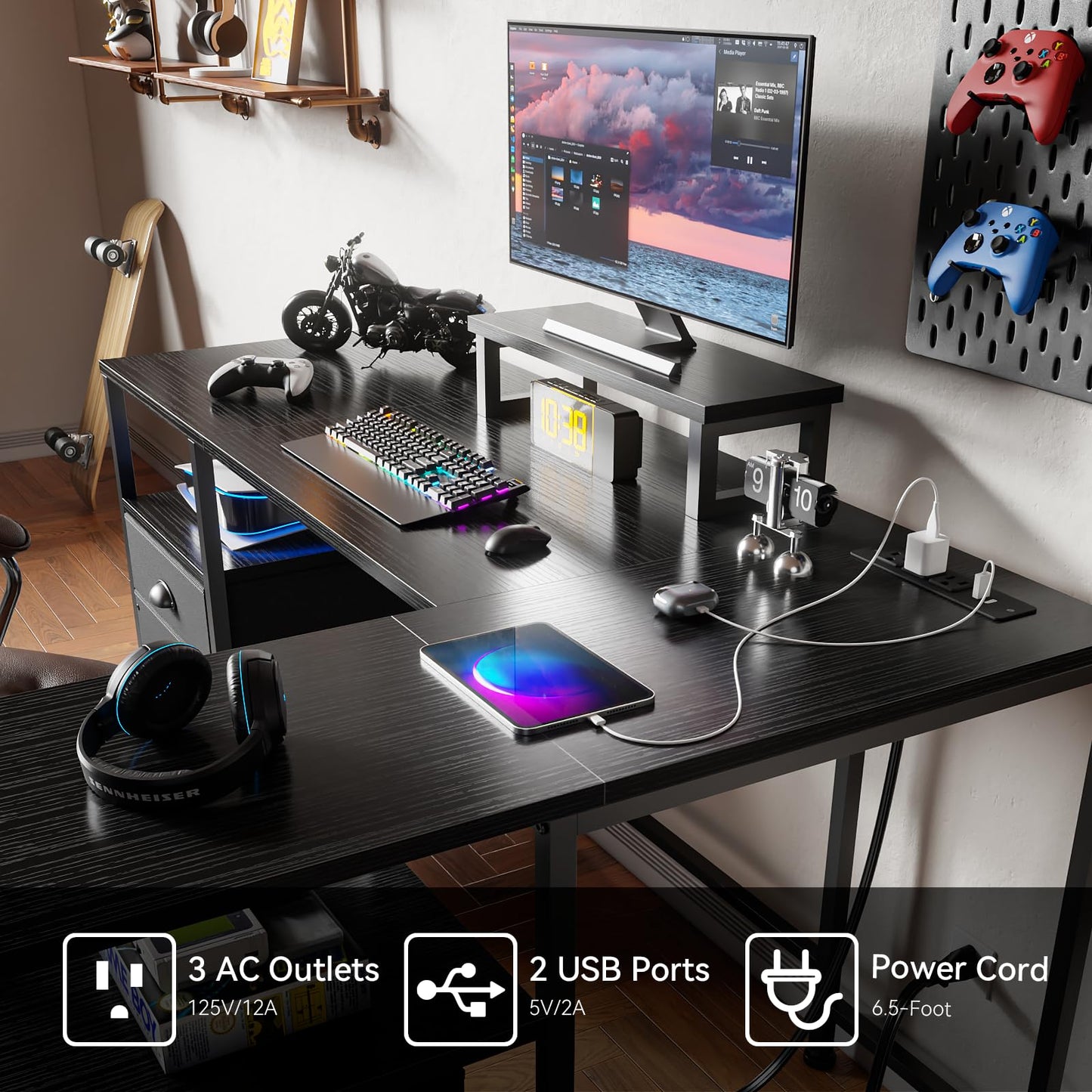 Furologee L Shaped Gaming Desk with Power Outlet, Corner Computer Desk for Home Office, Reversible 50 Inch Work Study Table with File Drawer, Monitor Stand, Storage Shelves, Black
