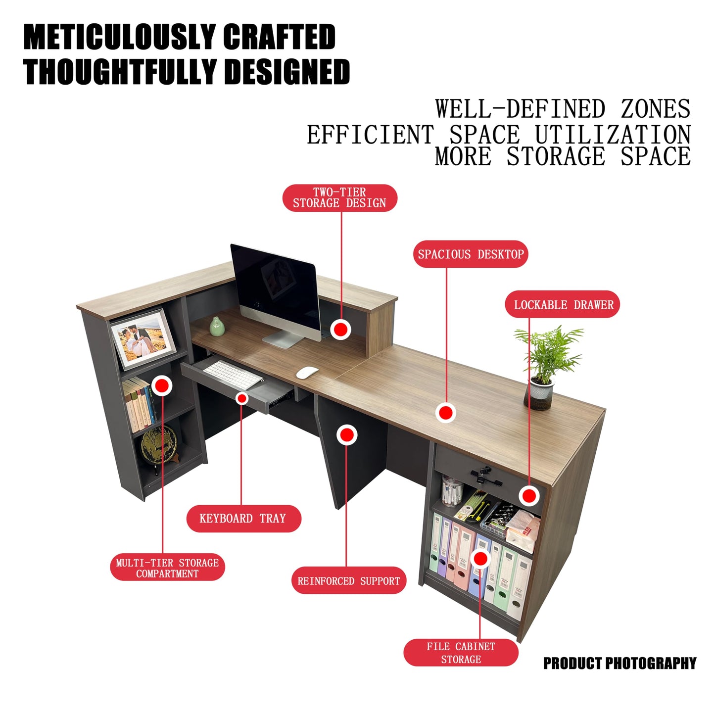 JYUREO L-Shaped Reception Desk with Counter and Lockable Drawers and Storage,Modern Front Desk Reception Counter for Checkout, Lobby, Beauty Salon (R-Walnut & Graphite Finish, 78.74inx39.4inx39.4in)