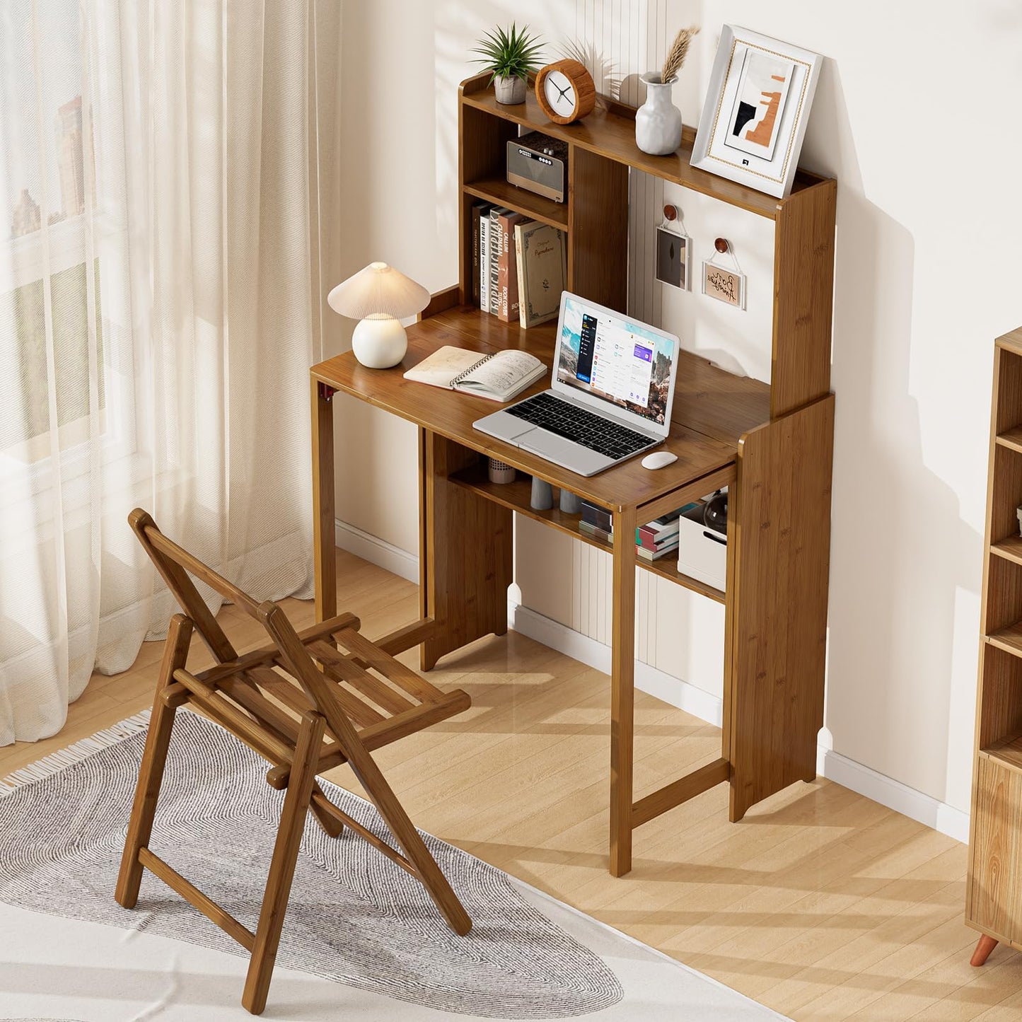 Usofhaus Bamboo Folding Desk with Bookshelf, Compact Computer Desk with Hutch for Small Spaces, Foldable Desk with Storage Shelf, Space-Saving Home Office Desk for Bedroom, Dorm, Apartment,Brown