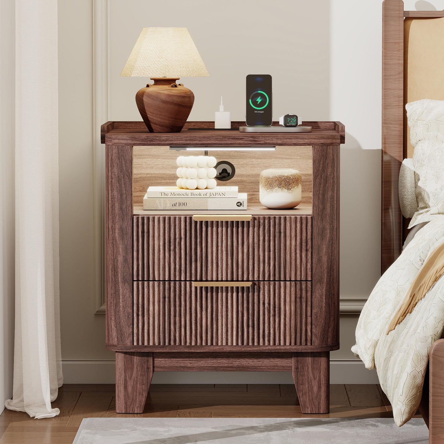 Baoz Walnut Fluted Nightstand with Charging Station & 2 Wooden Drawers