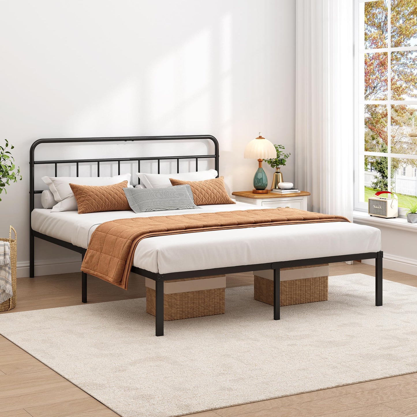 Ziguxiao Queen Bed Frame with Classic Headboard,Strong Metal Slats Support,Under Bed Storage Space,No Box Spring Needed,Easy to Assemble,Black