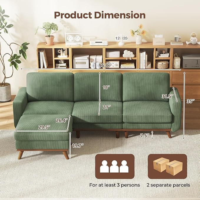 Vesgantti 97" L-Shape Modular Sofa, 3-Seat Corduroy Couch
