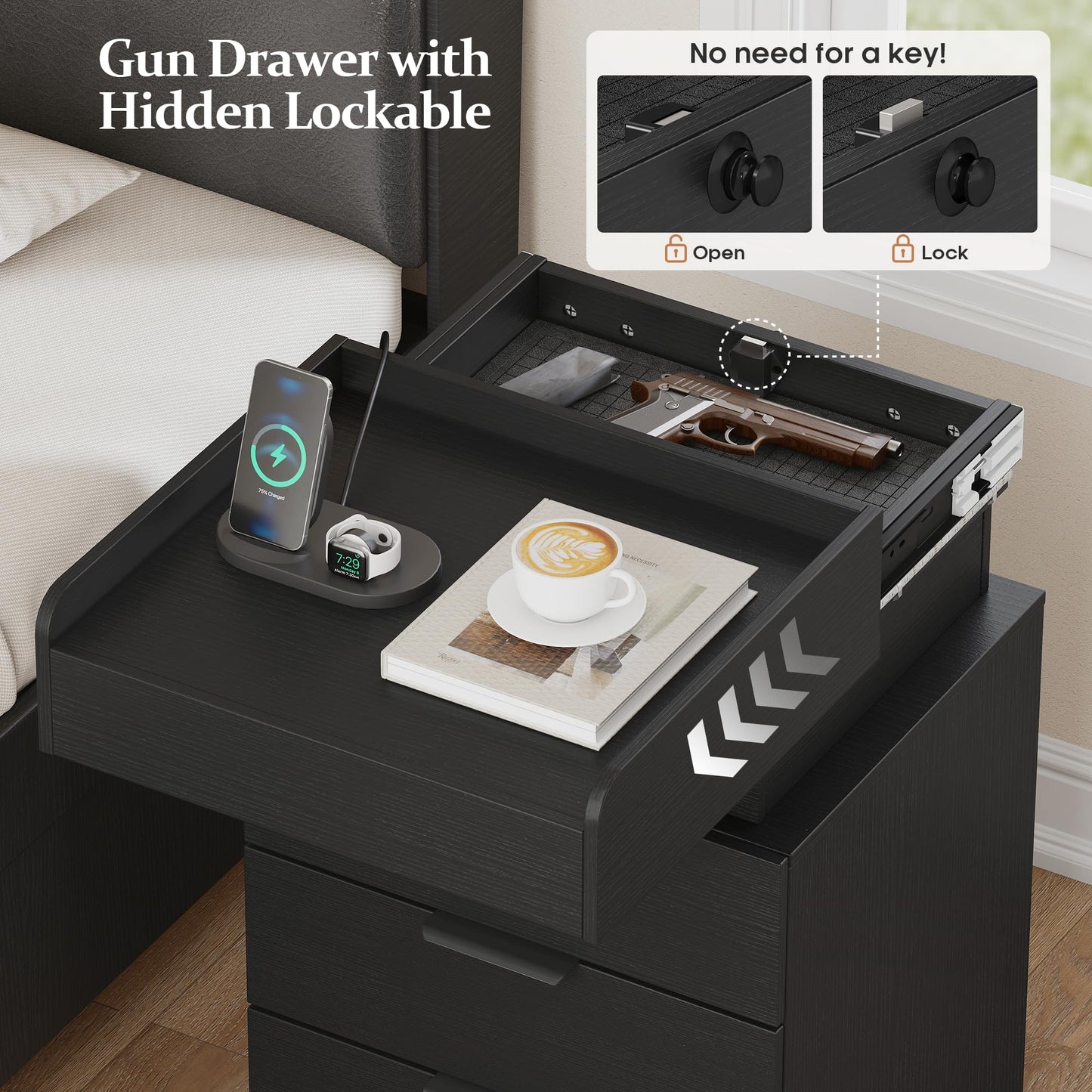 Turosur Night Stand with Gun Drawer, LED Nightstand with Charging Station, Wood Bedside Table with Hidden Storage and 3 Drawers for Bedroom, Modern Black