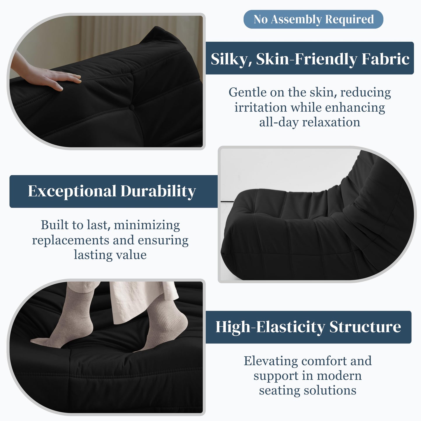 Bean Bag Chair, Fireside Chair Bean Bag Sofa for Adults, Bean Bag Chairs for Teens with High-Resilience Foam, Memory Foam & Non-Slip Base Bean Bag for Living Room, Bedroom, Office (Suede, Black)