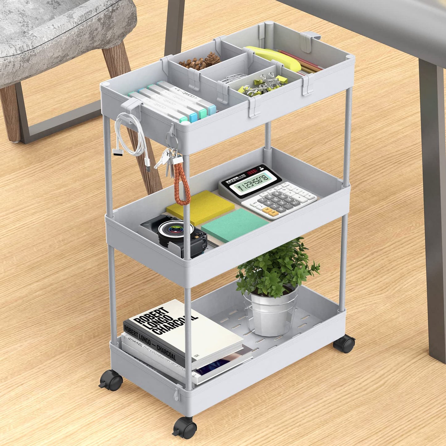 SPACELEAD 3 Tier Rolling Cart with Wheels, Storage Craft Art Trolley Organizer Serving, 3 Hanging Baskets Easy Assembly, for Office, Living Room, Kitchen, Gray