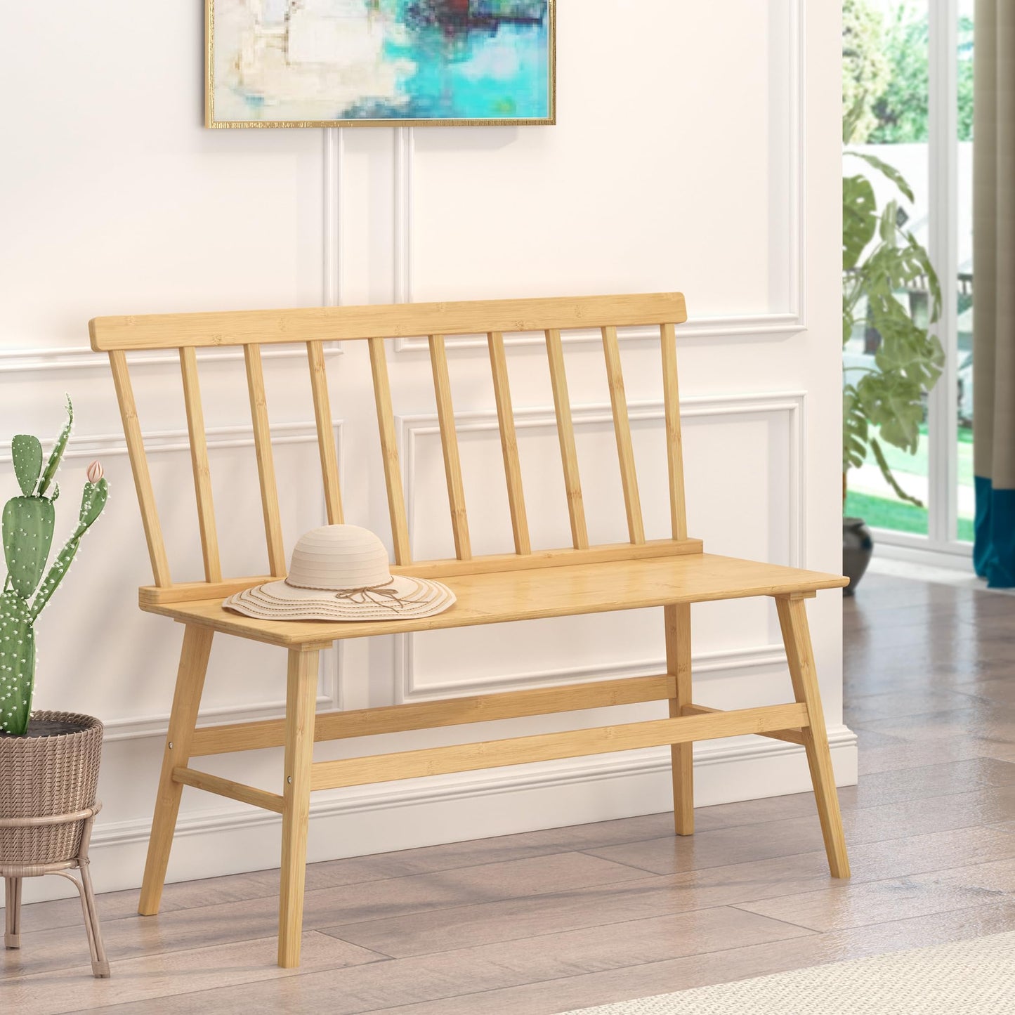 Wisuce Essentials Bamboo Dining Bench, Entryway Bench with Spindle Back Farmhouse Wood Windsor for Foyer Balcony Living Room (Nature)