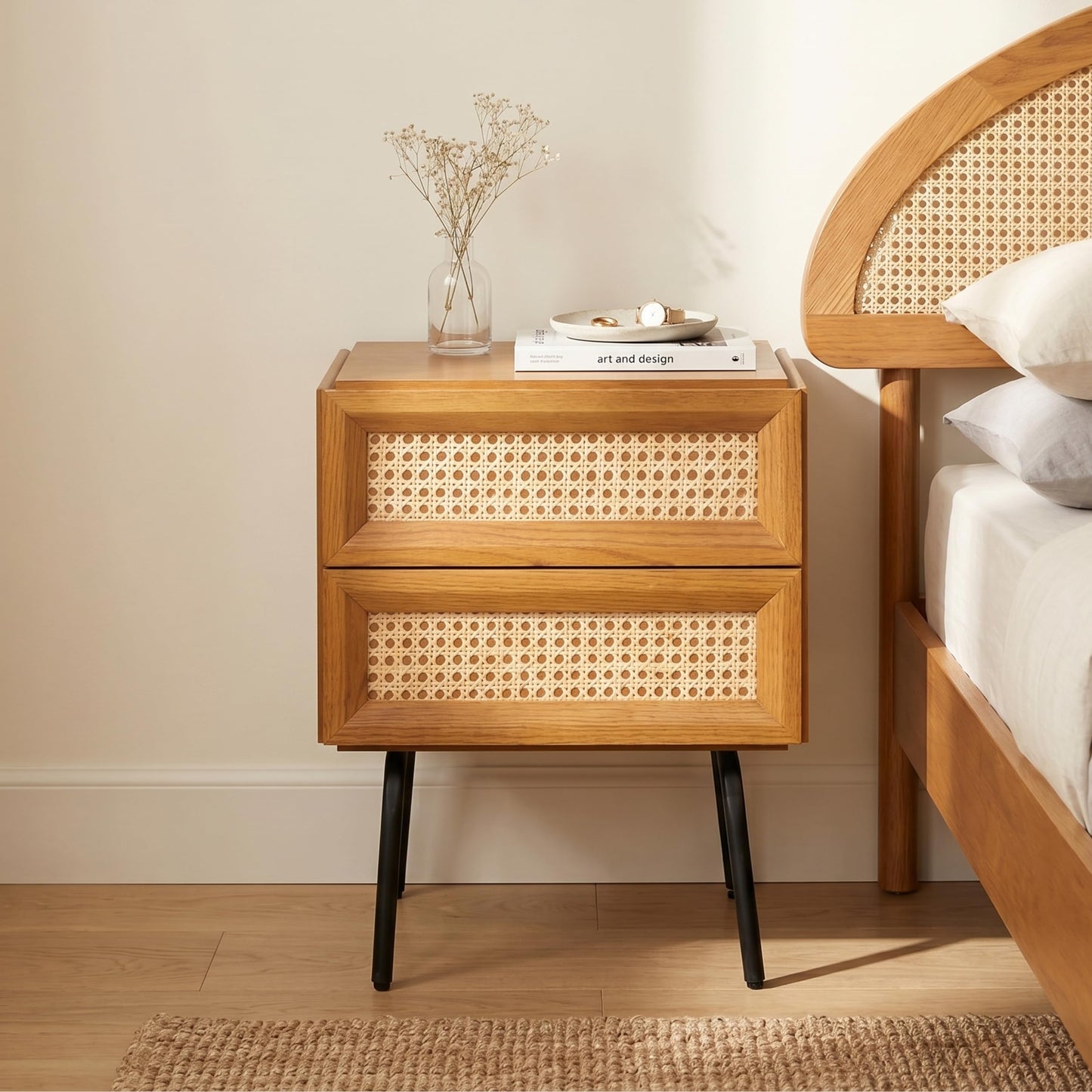 NTC Solid Oak Drawer Face Lulu Nightstand with Natural Rattan Drawer, Mid-Century Side Table for Bedroom, Bedside Furniture, End Table – Waterproof, Heat Resistant, Easy to Assemble – Rustic Oak