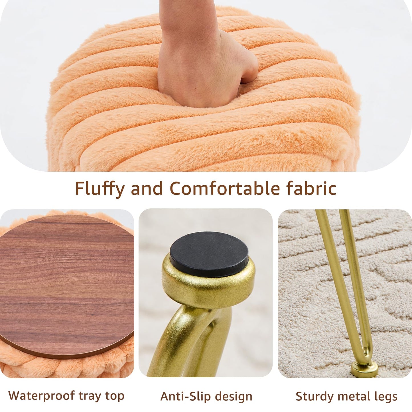 Wimarsbon Vanity Stool with Storage, Faux Fur Ottoman Chair with Metal Legs, Round Makeup Vanity Chair for Bedroom or Dressing Table, Modern Small Ottoman Seat (Orange)
