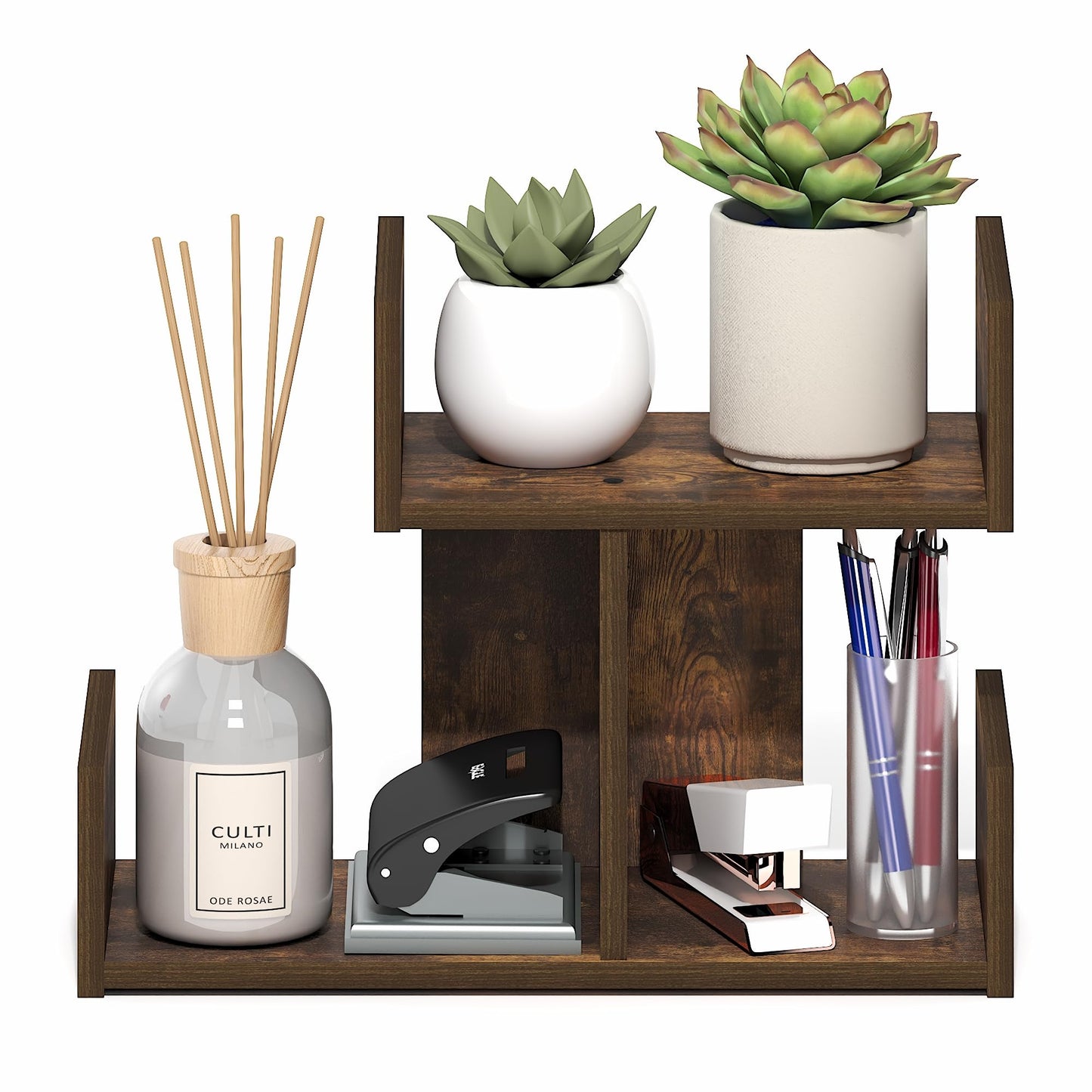 Furinno HERMITE Desk Organizers and Accessories, 2-Tier U-Shape Office Organization Shelf, Desk Top Book Shelf, for Office Supplies, Office Desktop Accessories, Amber Pine