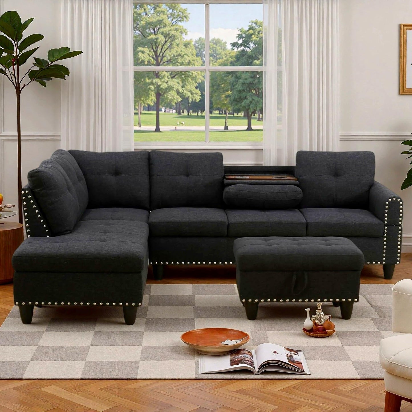 Trygoal 97.5" L Shaped Couches for Living Room, Sectional Couch Living Room Furniture with Storage Ottoman, Modular Sectional Sofa with Movable Chaise for Apartment Office, Black Grey